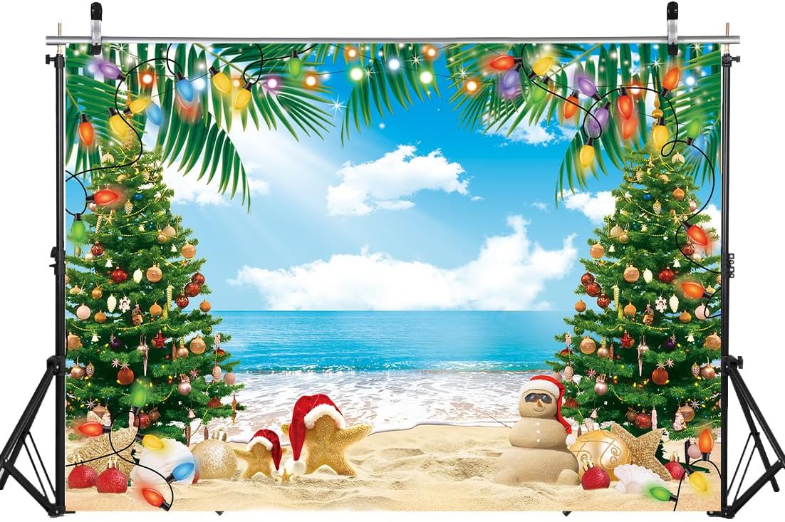 July Christmas Backdrop 7x5FT Summer Beach Christmas Tree Decoration Photography Background Tropical Hawaiian Party Supplies Photo Props