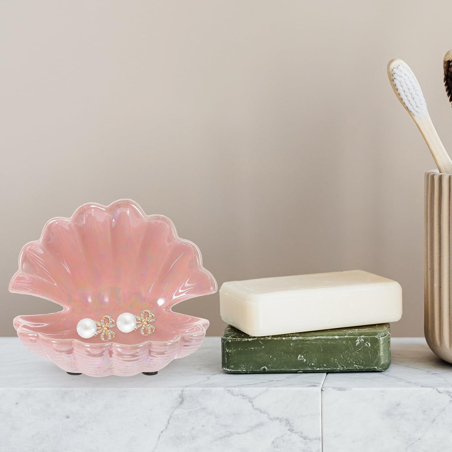PACKOVE Shell Jewelry Tray - Ceramic Trinket Dish, Ring Holder, Decorative Plate for Organizing Keys and Accessories - Pink