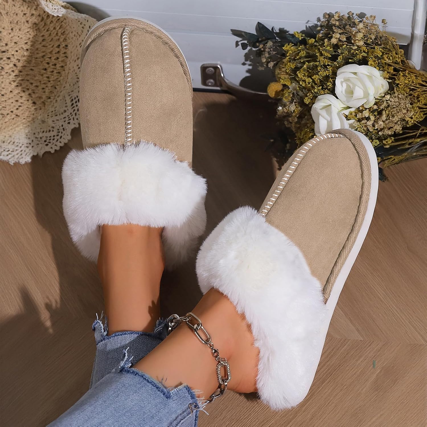 TopG Fuzzy Memory Foam Slippers Fluffy Winter House Slippers Suede Slippers with Faux Fur Collar Indoor Outdoor
