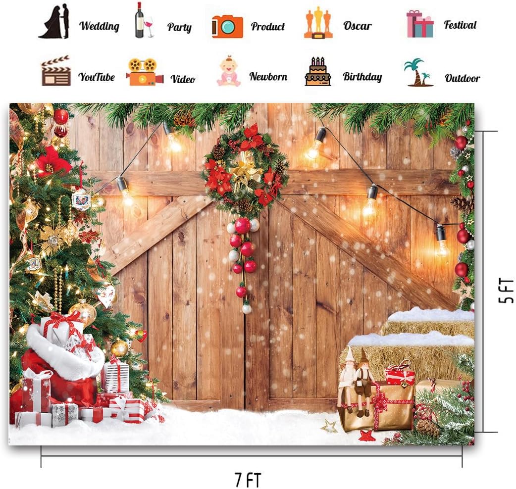 CHAIYA 7x5ft Christmas Backdrop Barn Wood Door Photography Backdrop Xmas Tree Snow Background Winter Xmas Party Supplies Christmas Family Kids Party Banner