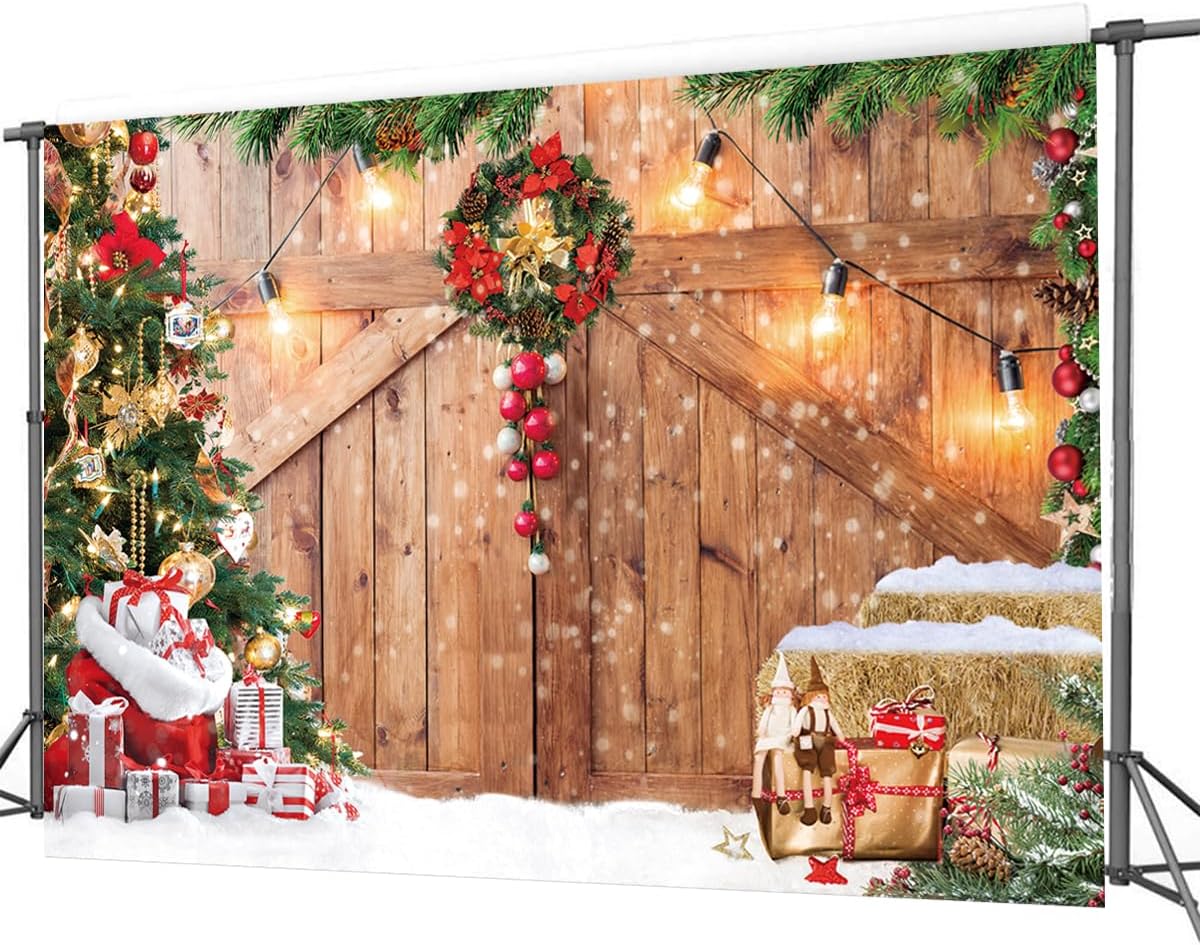 CHAIYA 7x5ft Christmas Backdrop Barn Wood Door Photography Backdrop Xmas Tree Snow Background Winter Xmas Party Supplies Christmas Family Kids Party Banner
