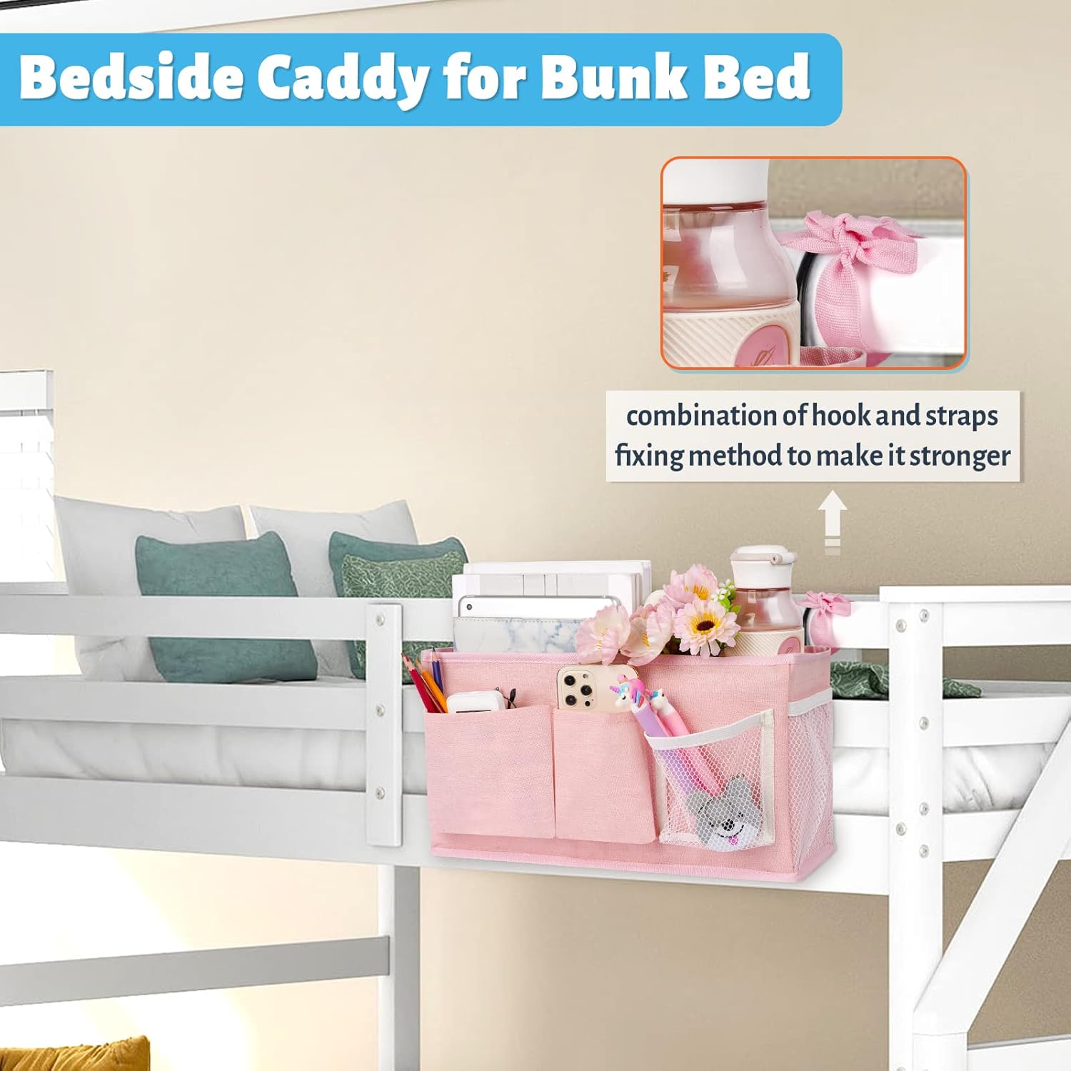 Loghot Bedside Caddy/Bedside Storage Bag Hanging Organizer for Bunk and Hospital Beds,Dorm Rooms Bed Rails,Can be Placed Glasses,Books,Mobile Phones,Keys (Light Pink)