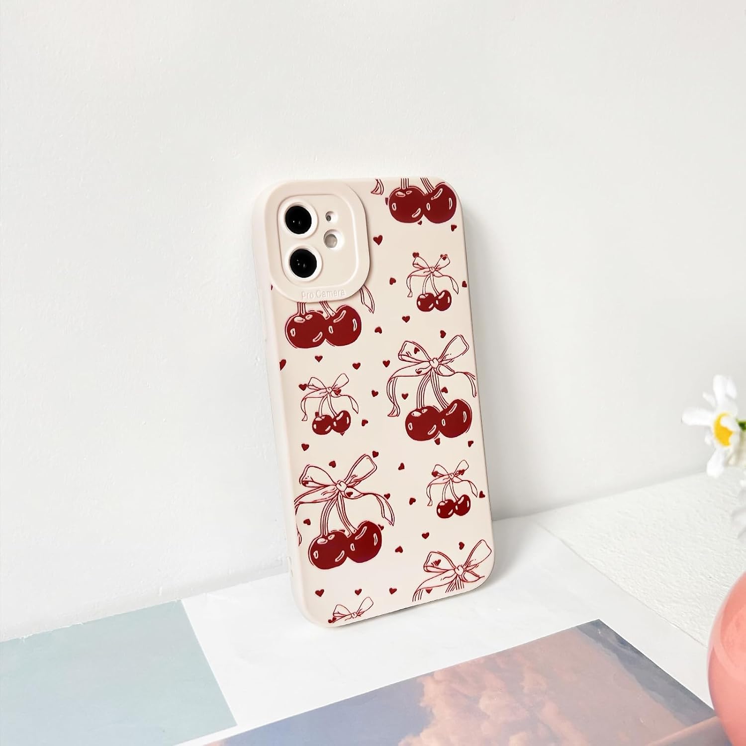 NITITOP Compatible with iPhone 12 Case Cute Cherry Bowknot Little Heart Pattern for Girls Women Soft TPU Durable Full Camera Lens Shockproof Protective Cover - White