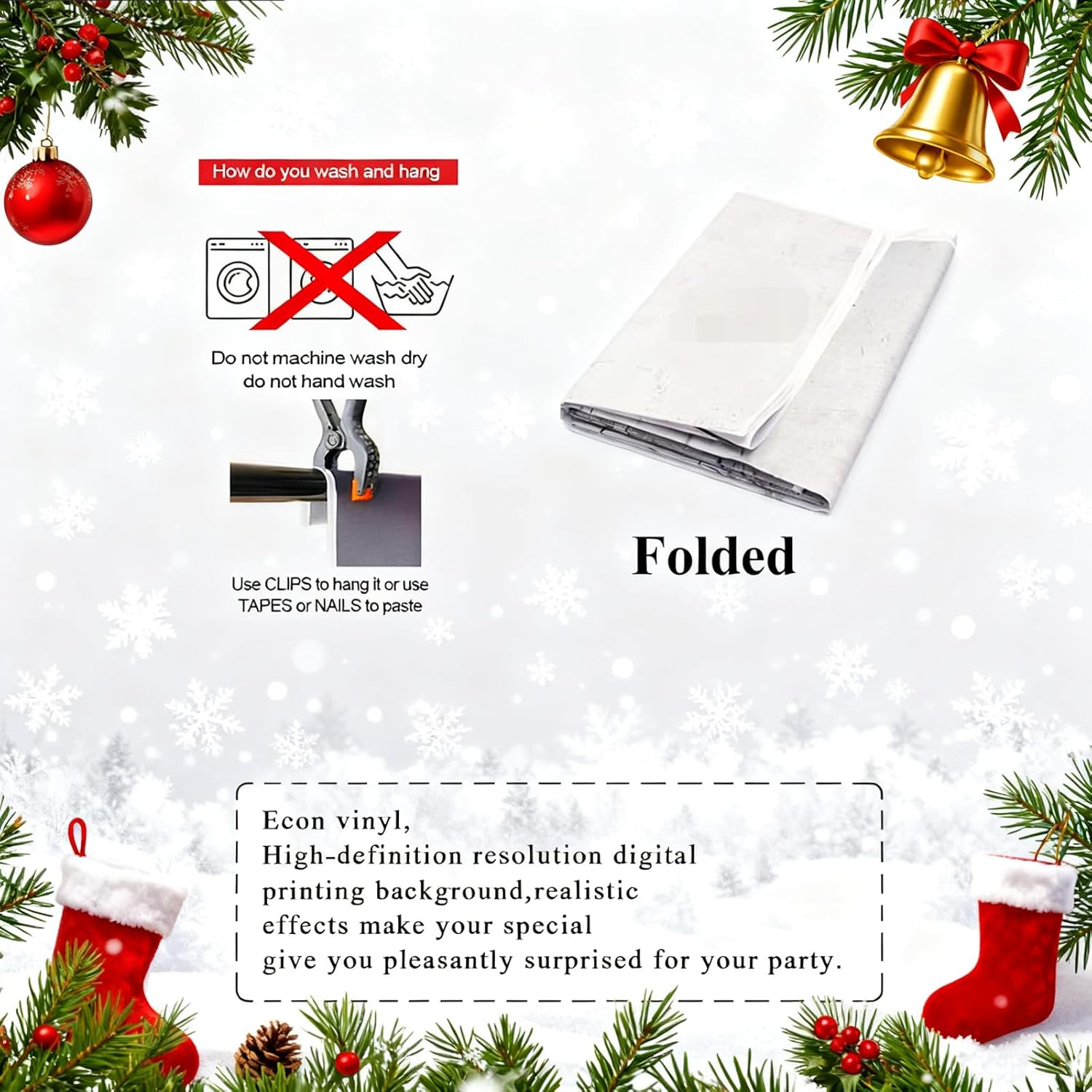 Grewoo 7x5 FT Merry Christmas Backdrop with Snow Scene, Xmas Tree Wreath Bell & Fireplace Theme Background for Winter Photo Prop, Party Decoration Banner(red)