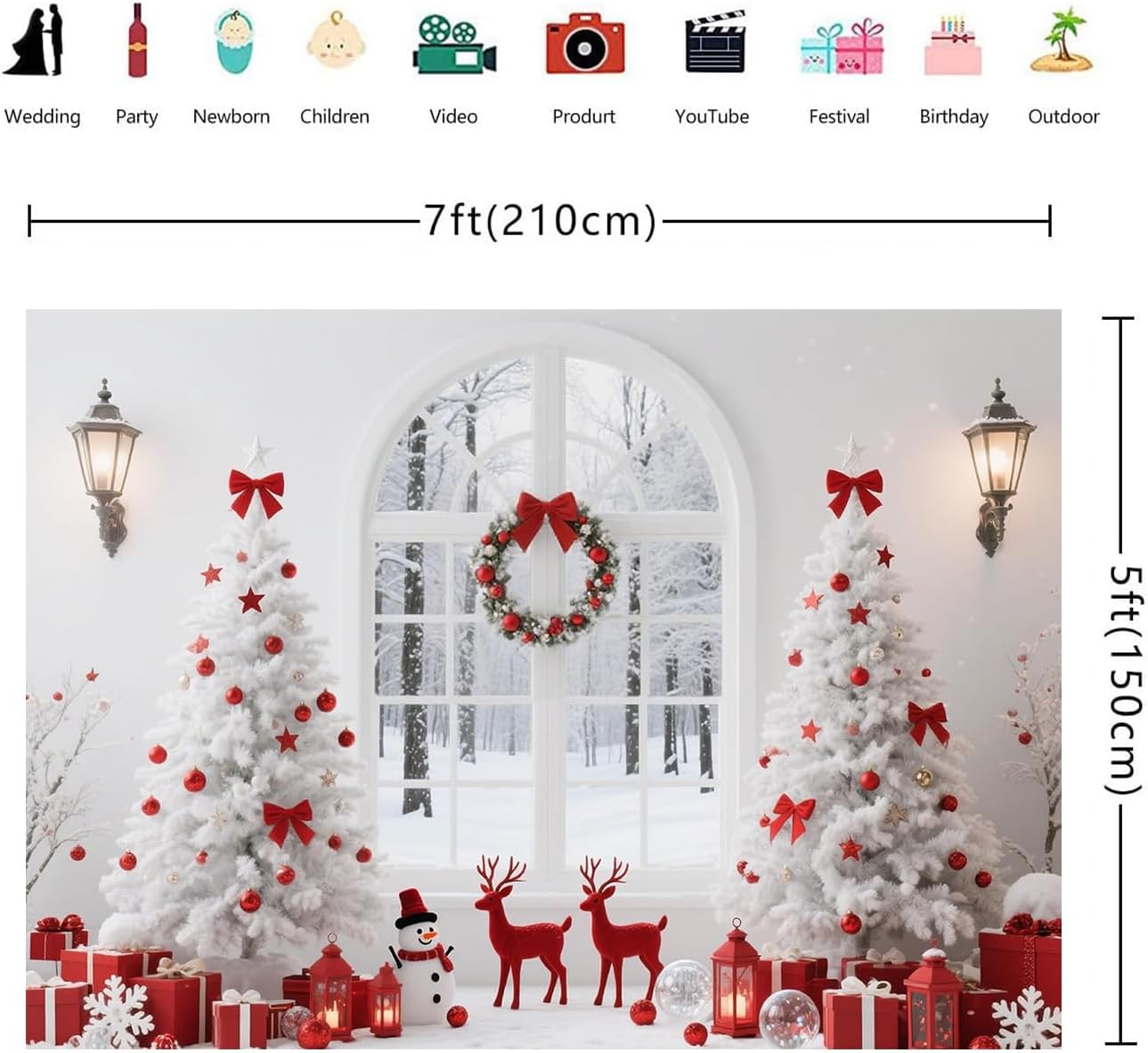 Grewoo 7x5 FT Merry Christmas Backdrop with Snow Scene, Xmas Tree Wreath Bell & Fireplace Theme Background for Winter Photo Prop, Party Decoration Banner(red)