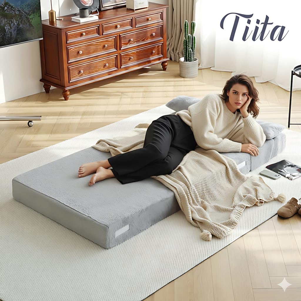 Tiita Folding Sofa Bed with Pillow 200x70x12cm Mattress&Plush Fabric Foldable Sofa Lounge Mat Pad,Floor Lounger Chair Bed for Living Room,Guest Room,Dorm,Apartment,Camping and Travel Use