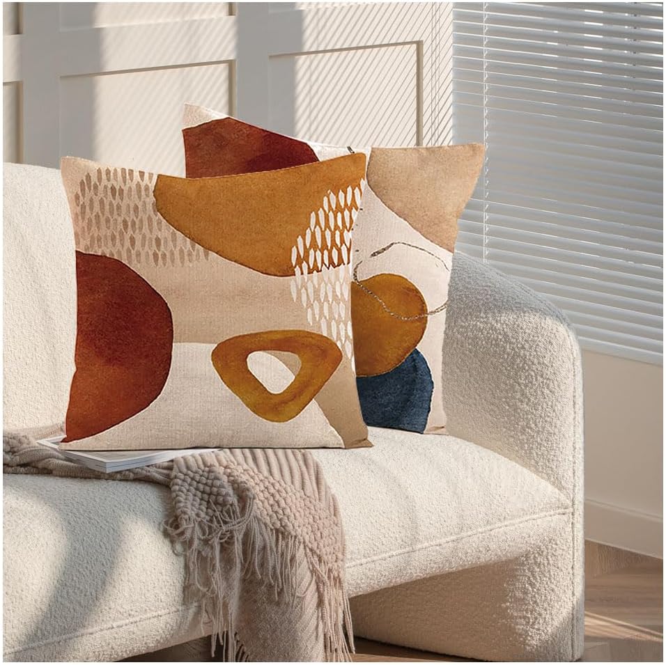 4Pcs Boho Cushion Cover, 45 x 45 cm,Mid Century Abstract Aesthetic Navy Blue Burnt Orange Cushion Covers Geometric Minimalist Modern Art Linen Cushion for Sofa Couch Home
