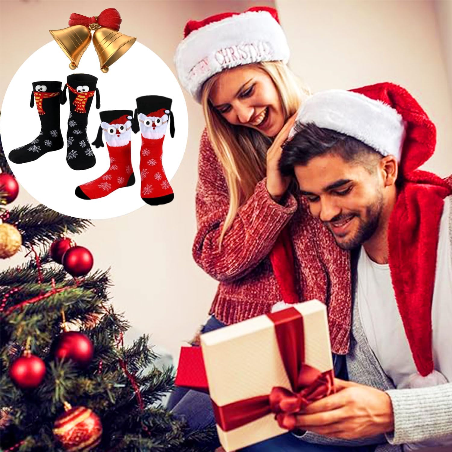 Zurligi 2 Pairs Holding Hands Socks, Funny Magnetic Hand Holding Cute Socks for Men Women, 3D Doll Couple Novelty Birthday for Lovers, Boyfriend, Family