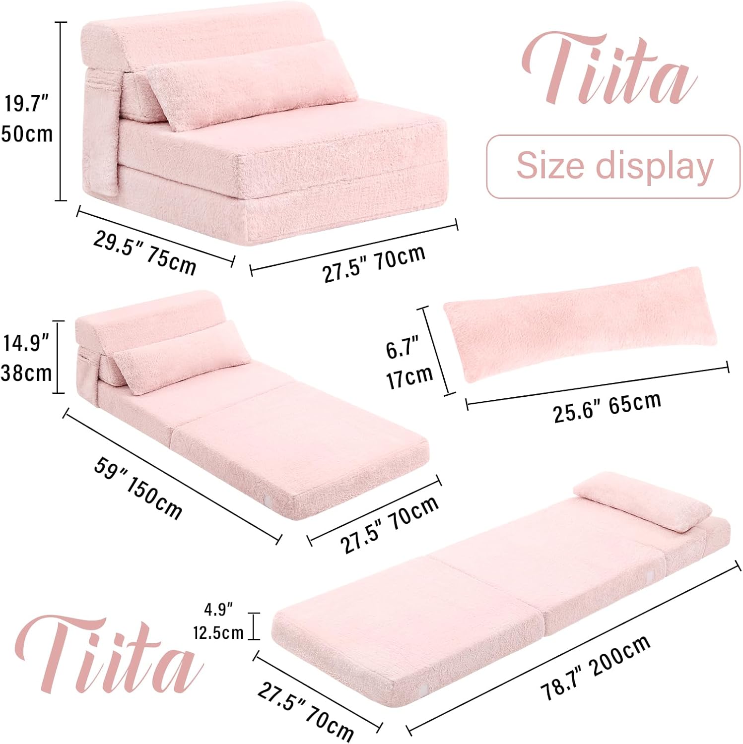 Tiita Folding Sofa Bed with Pillow 200x70x12cm Mattress&Plush Fabric Foldable Sofa Lounge Mat Pad,Floor Lounger Chair Bed for Living Room,Guest Room,Dorm,Apartment,Camping and Travel Use