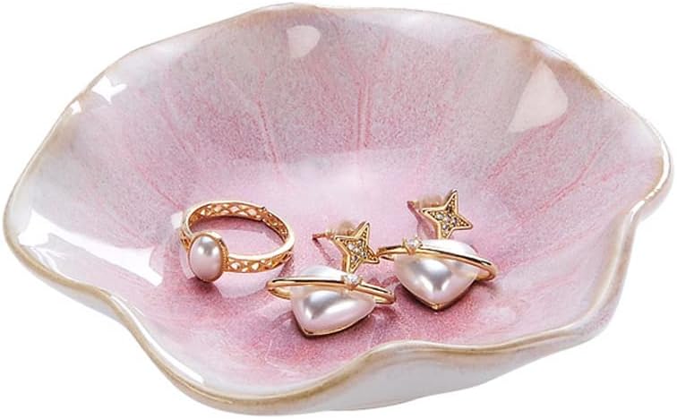 Lotus Leaf Shape Decorative Ring Tray, Small Key Bowl, Ceramic Trinket Tray Jewelry Dish Organizing Necklace Earrings, Home Decoration for Mom Best Friend Sister, Pink.
