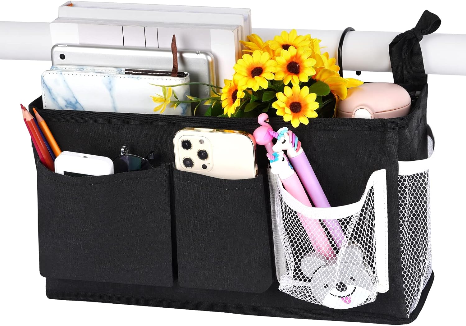 Loghot Bedside Caddy/Bedside Storage Bag Hanging Organizer for Bunk and Hospital Beds,Dorm Rooms Bed Rails,Can be Placed Glasses,Books,Mobile Phones,Keys (Light Pink)