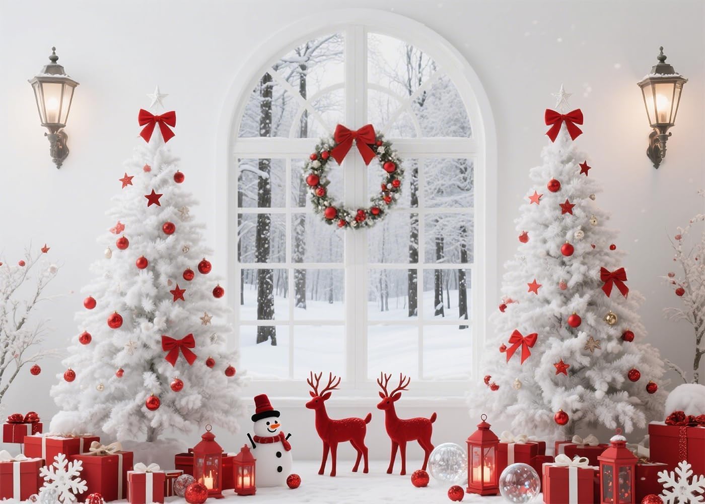 Grewoo 7x5 FT Merry Christmas Backdrop with Snow Scene, Xmas Tree Wreath Bell & Fireplace Theme Background for Winter Photo Prop, Party Decoration Banner(red)