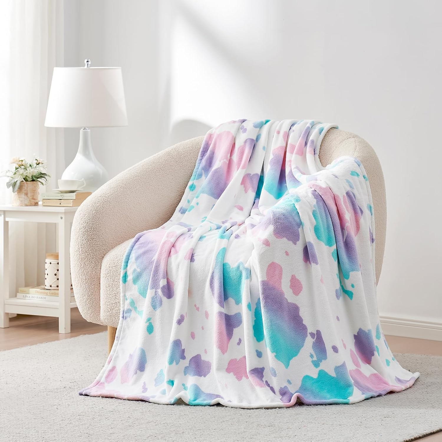 Cozy Bliss Cow Print Fuzzy Throw Blanket for Couch - Thick Soft Warm Non Shedding Fleece Blankets for Western Décor Room, for Kids, Women Men Girls, Teal Blue 50*60
