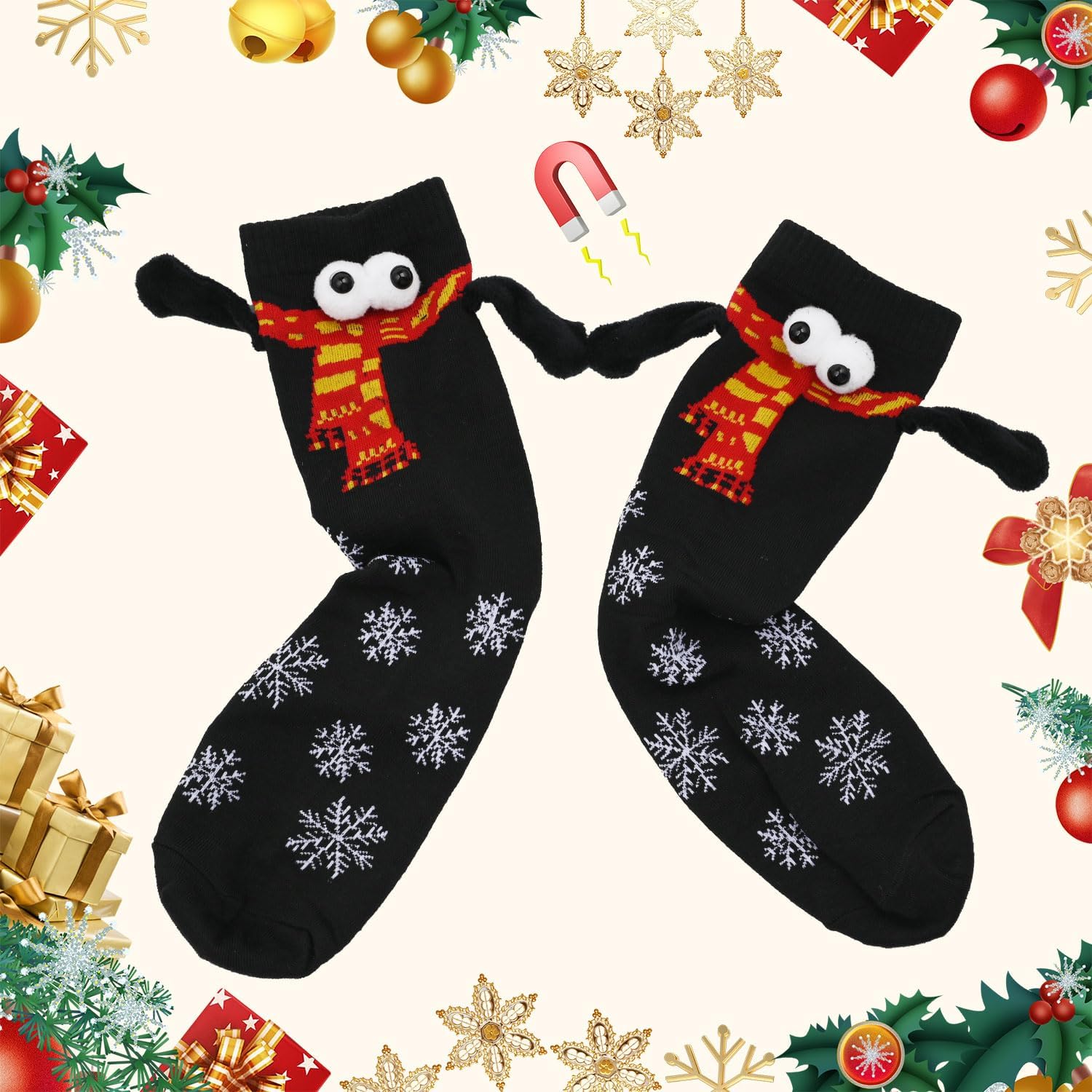 Zurligi 2 Pairs Holding Hands Socks, Funny Magnetic Hand Holding Cute Socks for Men Women, 3D Doll Couple Novelty Birthday for Lovers, Boyfriend, Family