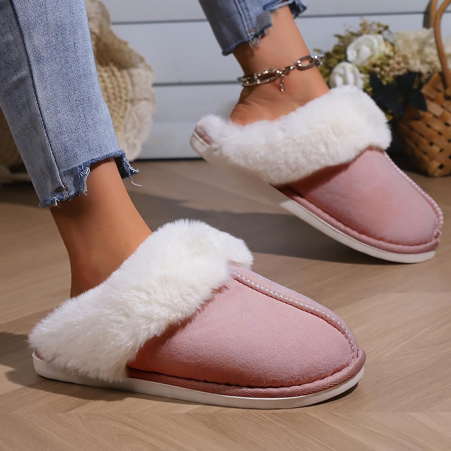 TopG Fuzzy Memory Foam Slippers Fluffy Winter House Slippers Suede Slippers with Faux Fur Collar Indoor Outdoor