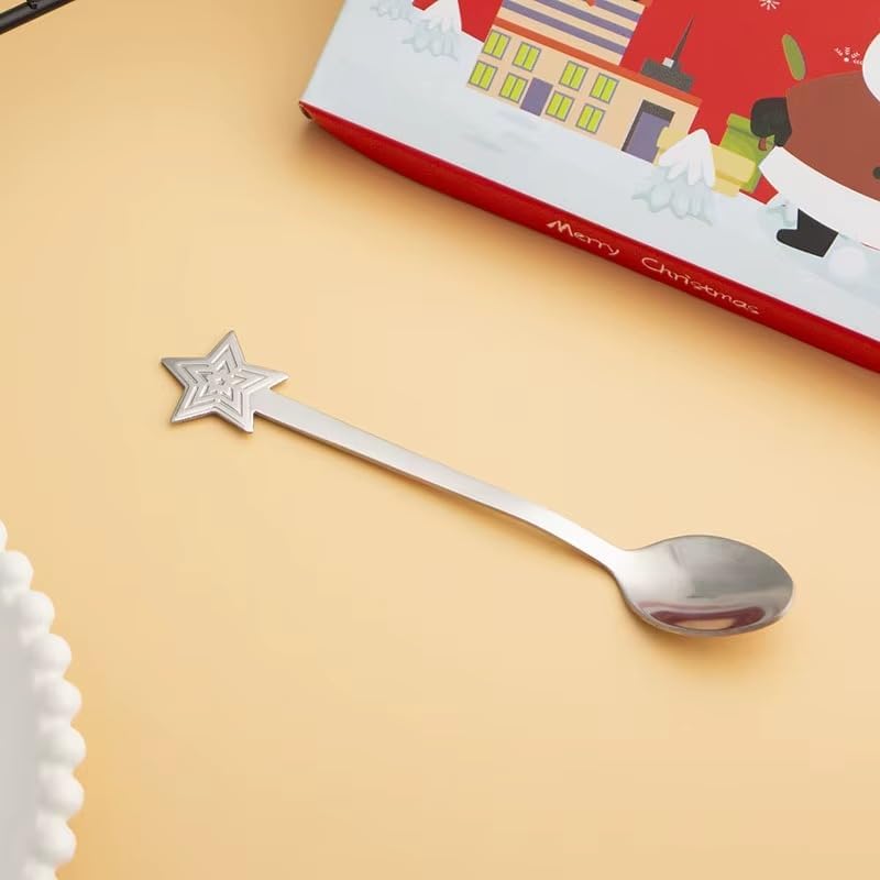 LIVSY Christmas Cartoon Stainless Steel Coffee Spoons – Cute Holiday Mixing Spoon Gift Set for Coffee, Tea, Dessert & Tableware (Gold/Silver, 4-Pack) (Silver)