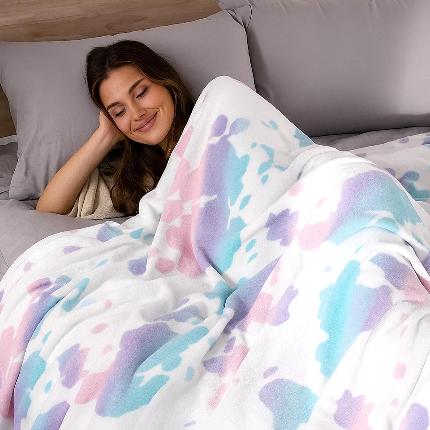 Cozy Bliss Cow Print Fuzzy Throw Blanket for Couch - Thick Soft Warm Non Shedding Fleece Blankets for Western Décor Room, for Kids, Women Men Girls, Teal Blue 50*60