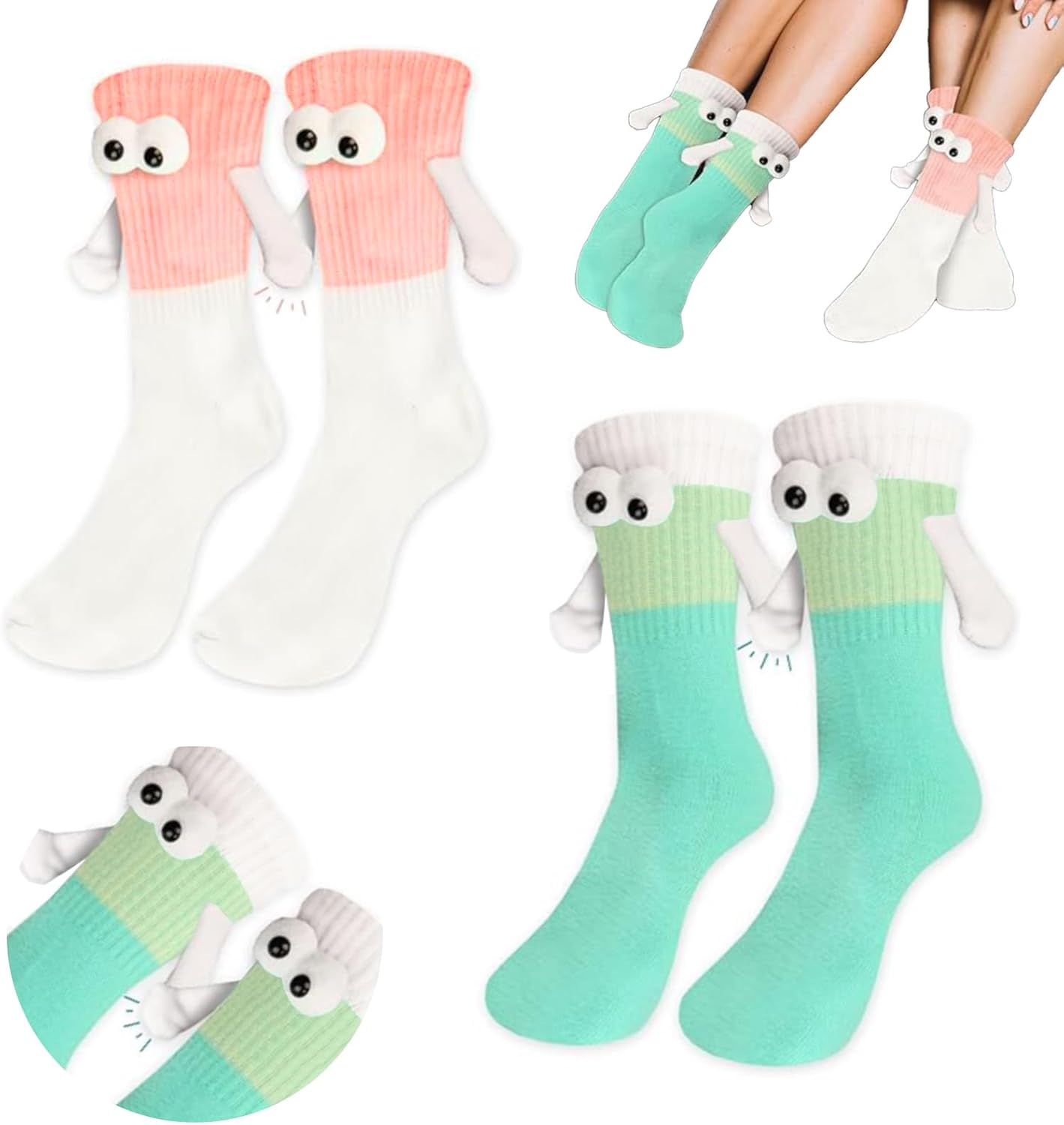 Zurligi 2 Pairs Holding Hands Socks, Funny Magnetic Hand Holding Cute Socks for Men Women, 3D Doll Couple Novelty Birthday for Lovers, Boyfriend, Family