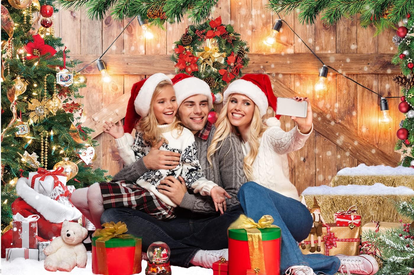 CHAIYA 7x5ft Christmas Backdrop Barn Wood Door Photography Backdrop Xmas Tree Snow Background Winter Xmas Party Supplies Christmas Family Kids Party Banner