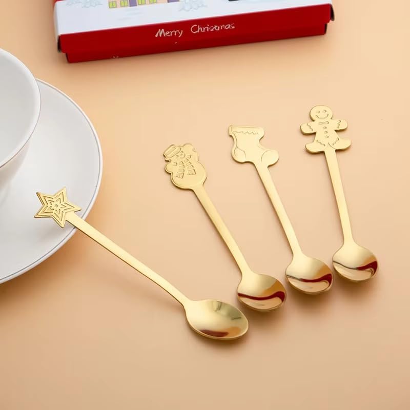 LIVSY Christmas Cartoon Stainless Steel Coffee Spoons – Cute Holiday Mixing Spoon Gift Set for Coffee, Tea, Dessert & Tableware (Gold/Silver, 4-Pack) (Silver)