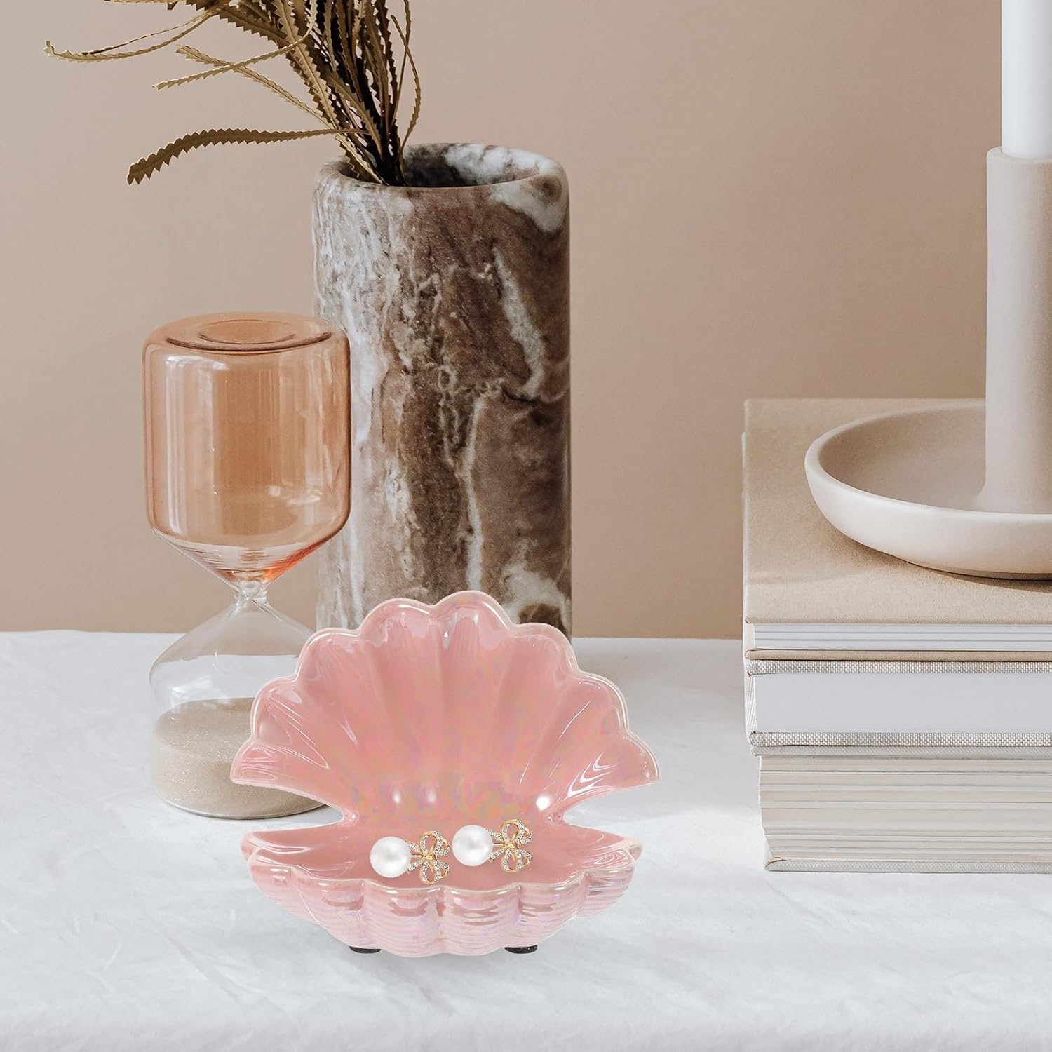 PACKOVE Shell Jewelry Tray - Ceramic Trinket Dish, Ring Holder, Decorative Plate for Organizing Keys and Accessories - Pink