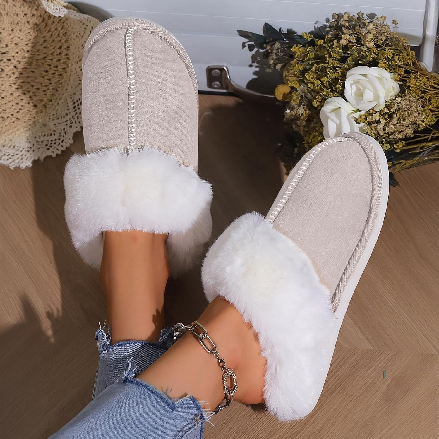 TopG Fuzzy Memory Foam Slippers Fluffy Winter House Slippers Suede Slippers with Faux Fur Collar Indoor Outdoor