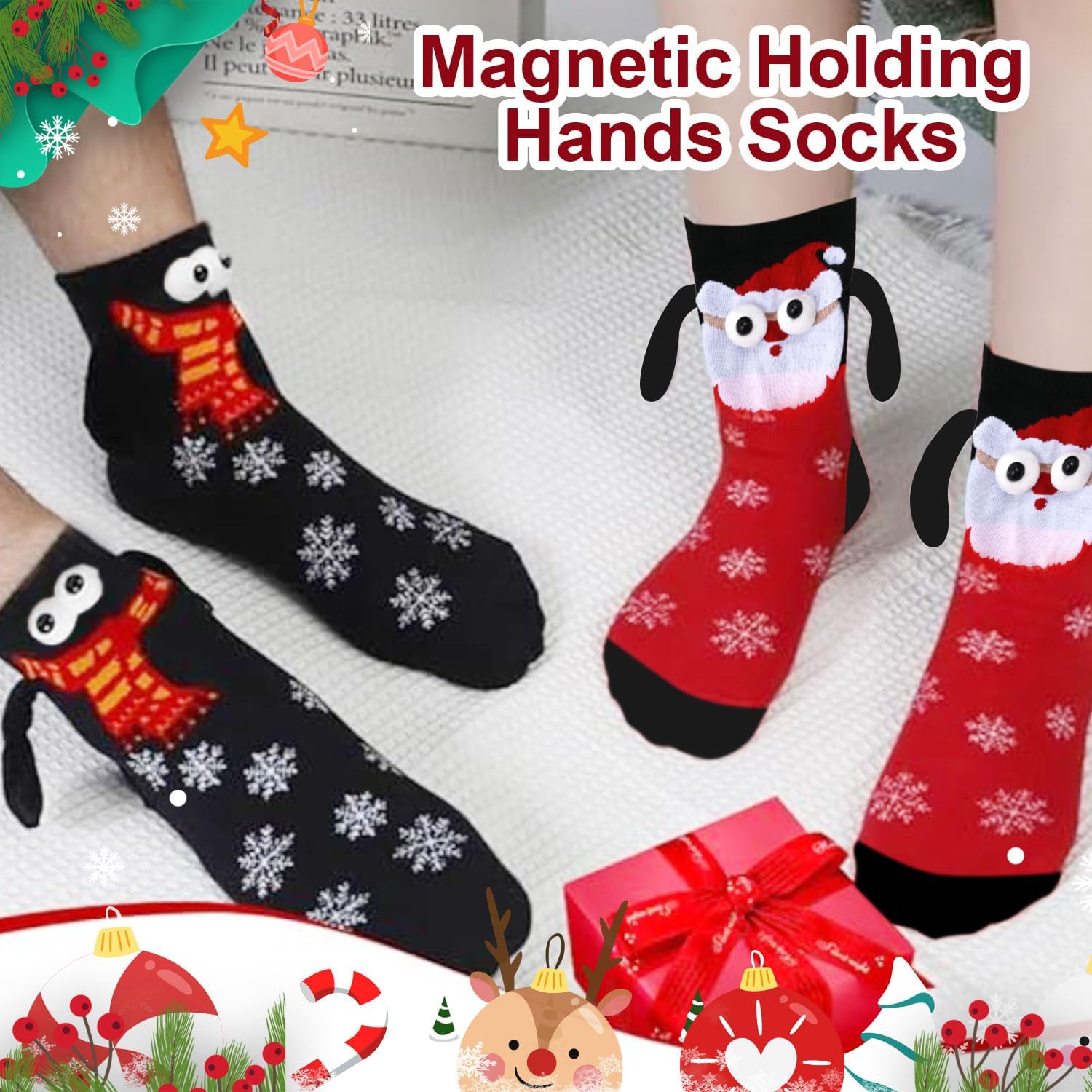 Zurligi 2 Pairs Holding Hands Socks, Funny Magnetic Hand Holding Cute Socks for Men Women, 3D Doll Couple Novelty Birthday for Lovers, Boyfriend, Family