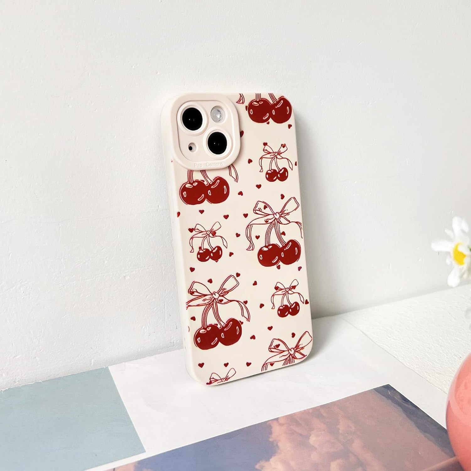 NITITOP Compatible with iPhone 12 Case Cute Cherry Bowknot Little Heart Pattern for Girls Women Soft TPU Durable Full Camera Lens Shockproof Protective Cover - White