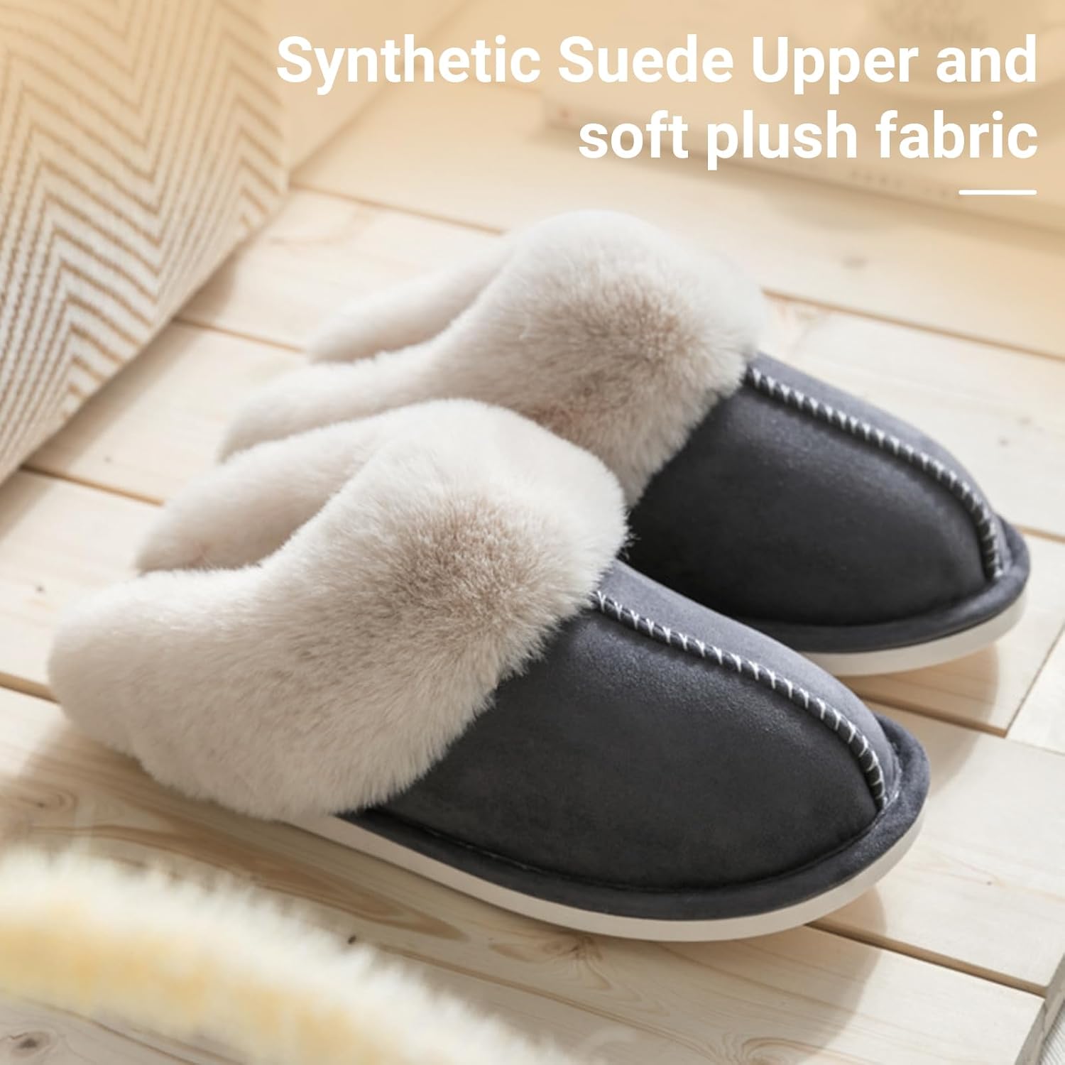 TopG Fuzzy Memory Foam Slippers Fluffy Winter House Slippers Suede Slippers with Faux Fur Collar Indoor Outdoor