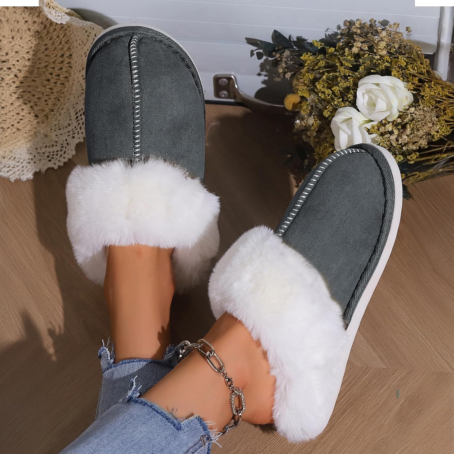 TopG Fuzzy Memory Foam Slippers Fluffy Winter House Slippers Suede Slippers with Faux Fur Collar Indoor Outdoor