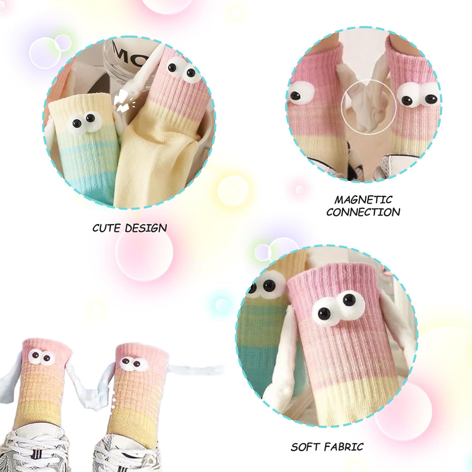 Zurligi 2 Pairs Holding Hands Socks, Funny Magnetic Hand Holding Cute Socks for Men Women, 3D Doll Couple Novelty Birthday for Lovers, Boyfriend, Family
