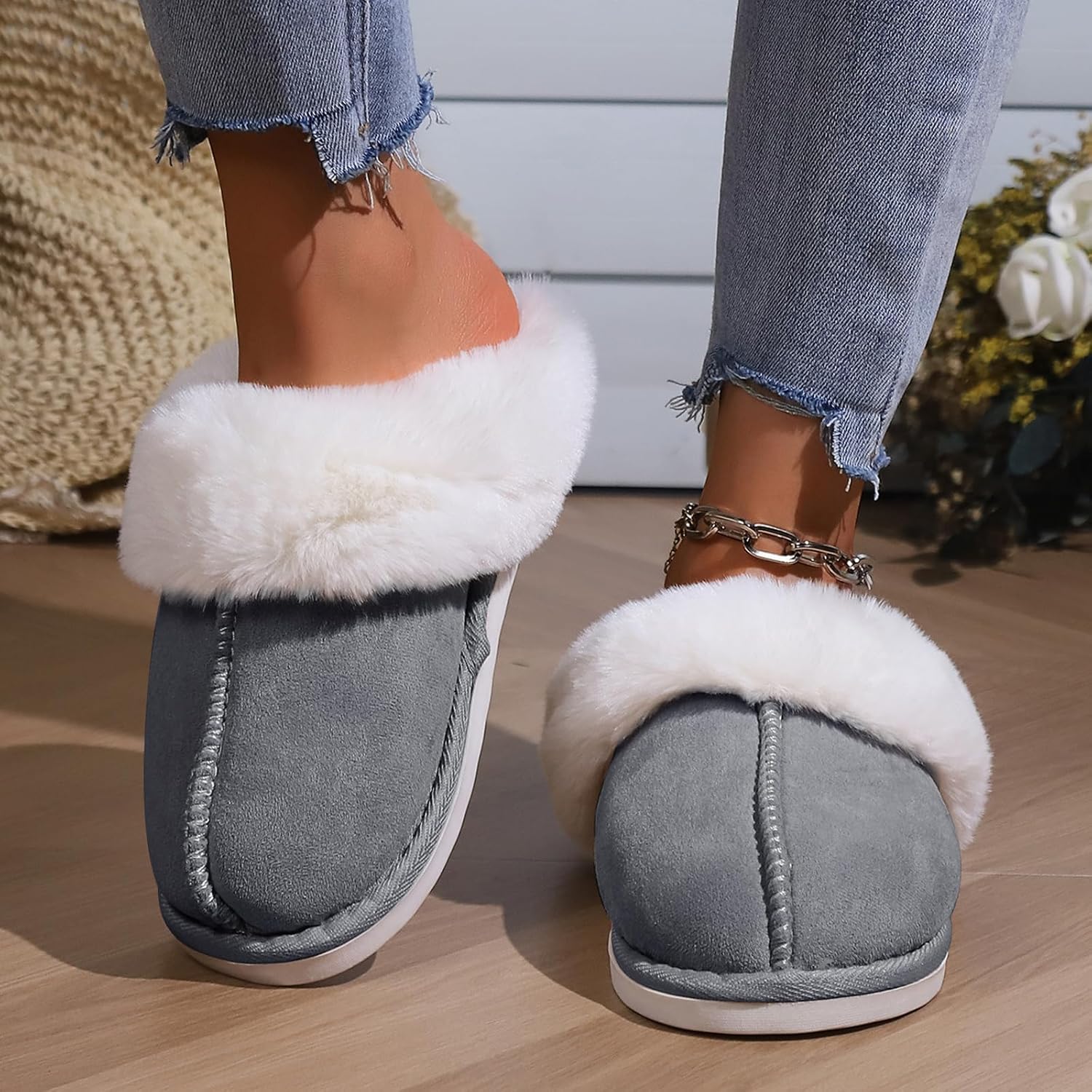 TopG Fuzzy Memory Foam Slippers Fluffy Winter House Slippers Suede Slippers with Faux Fur Collar Indoor Outdoor