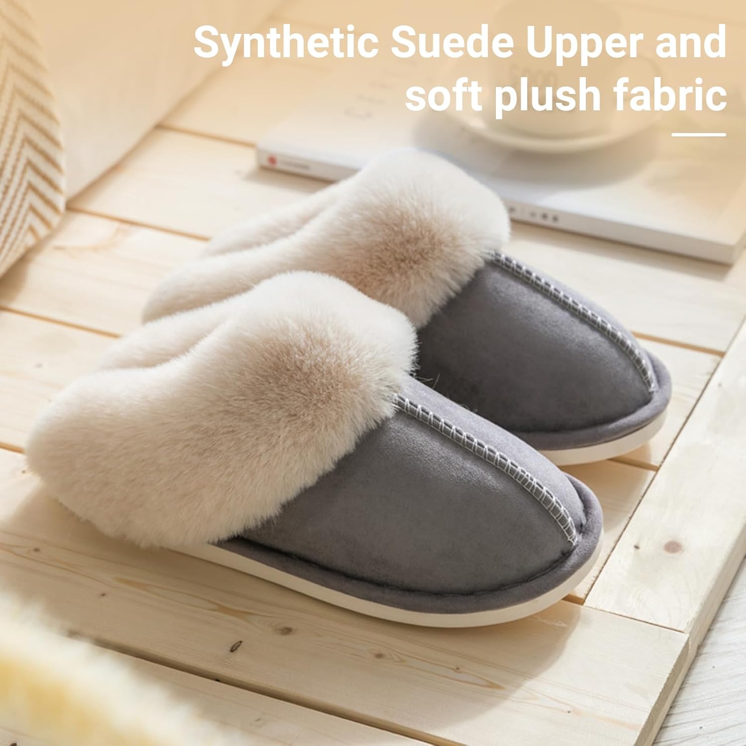 TopG Fuzzy Memory Foam Slippers Fluffy Winter House Slippers Suede Slippers with Faux Fur Collar Indoor Outdoor