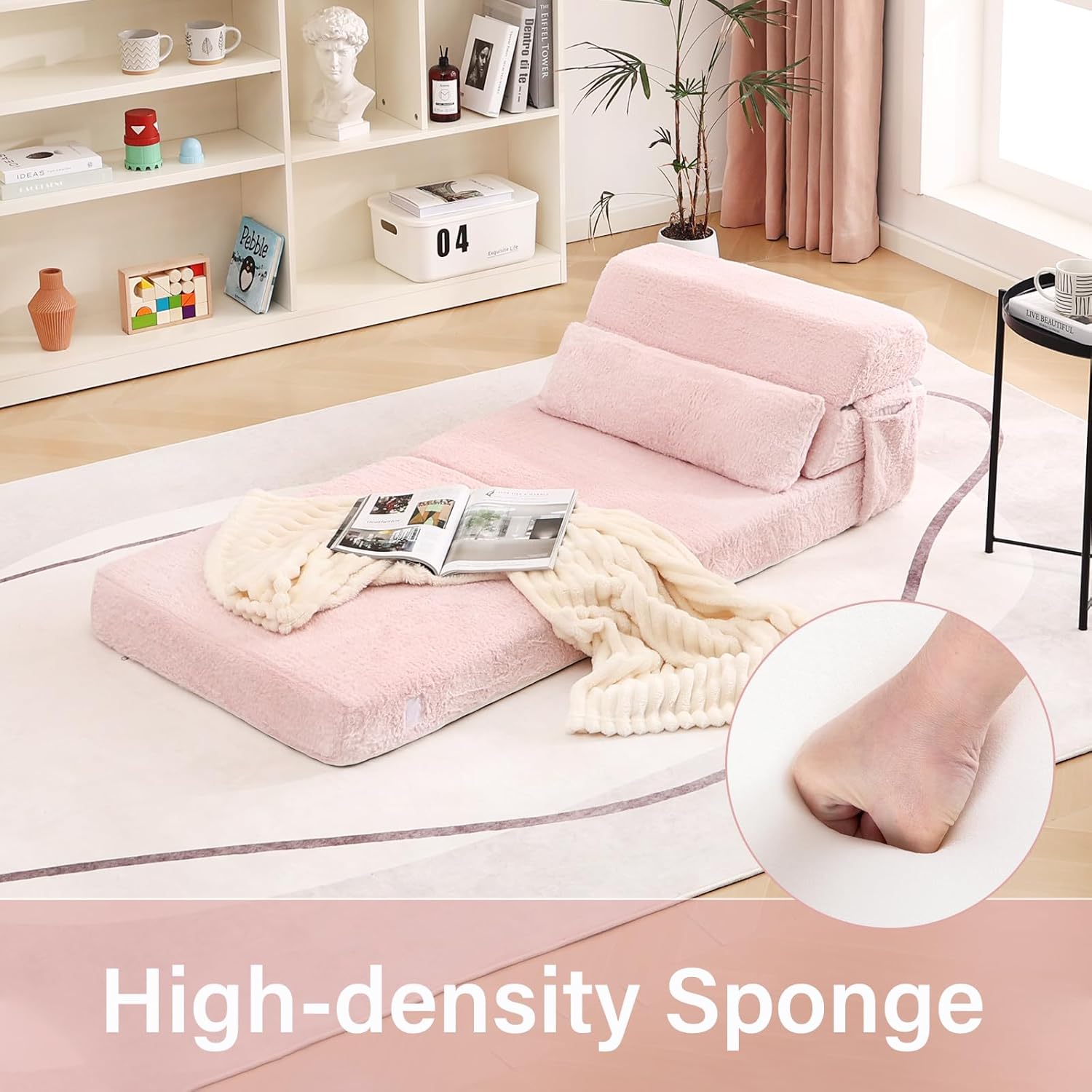 Tiita Folding Sofa Bed with Pillow 200x70x12cm Mattress&Plush Fabric Foldable Sofa Lounge Mat Pad,Floor Lounger Chair Bed for Living Room,Guest Room,Dorm,Apartment,Camping and Travel Use