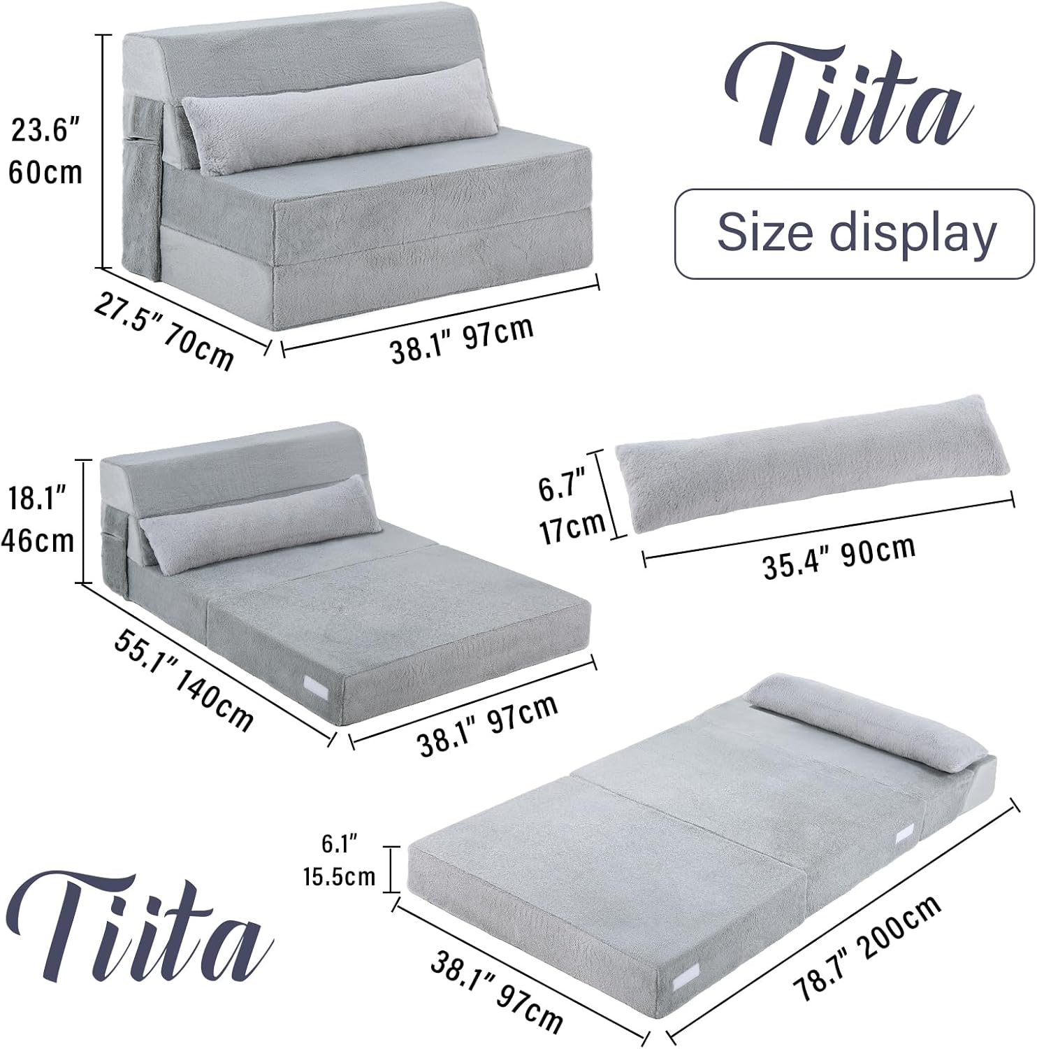 Tiita Folding Sofa Bed with Pillow 200x70x12cm Mattress&Plush Fabric Foldable Sofa Lounge Mat Pad,Floor Lounger Chair Bed for Living Room,Guest Room,Dorm,Apartment,Camping and Travel Use