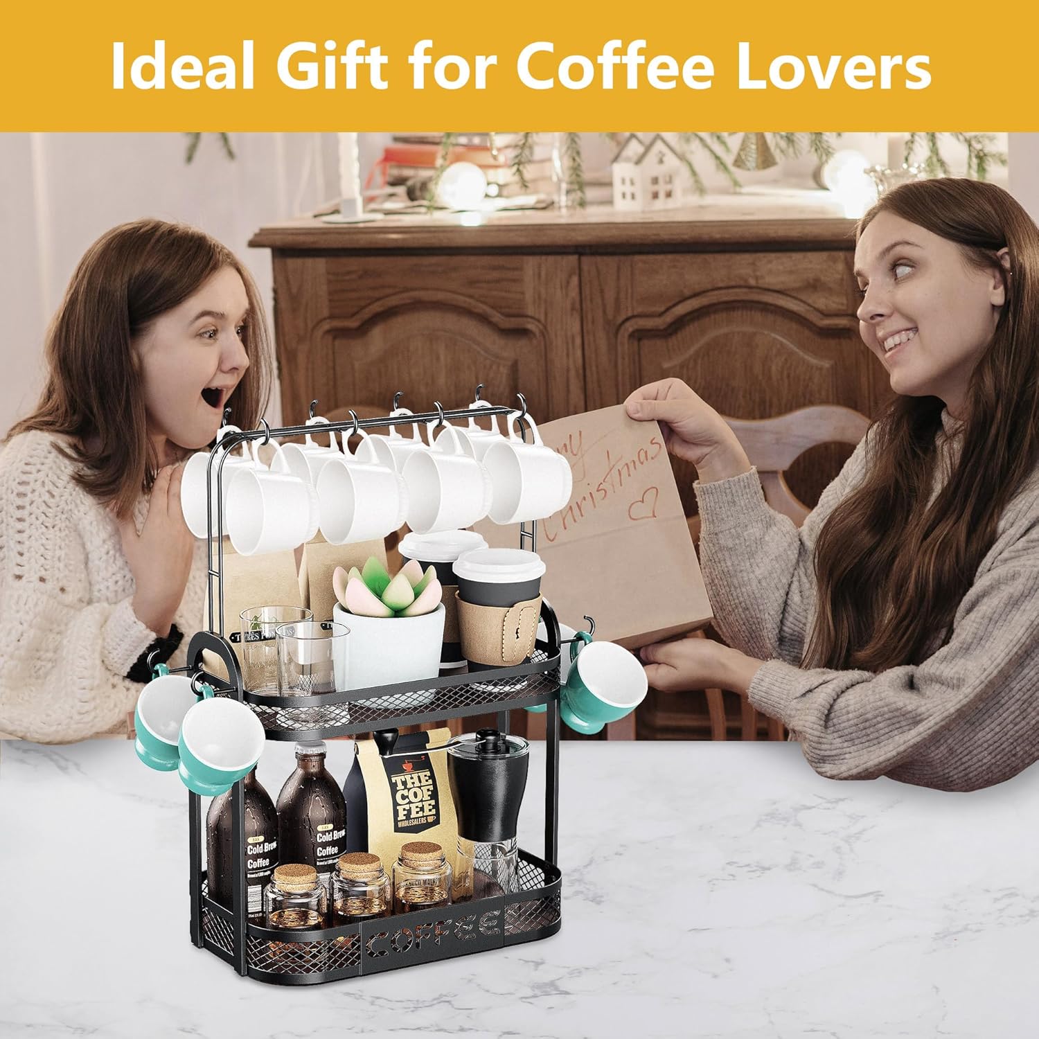 BEGULF 2-Tier Coffee Cup Holder for Countertop, Mug Holder with 12 Hooks, Vintage Mug Rack with Shelf, Coffee Bar Accessories Organizer, Suitable for Home, Office (Large)