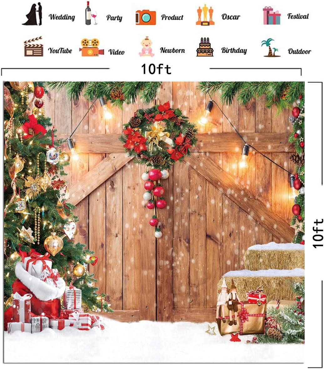 CHAIYA 7x5ft Christmas Backdrop Barn Wood Door Photography Backdrop Xmas Tree Snow Background Winter Xmas Party Supplies Christmas Family Kids Party Banner