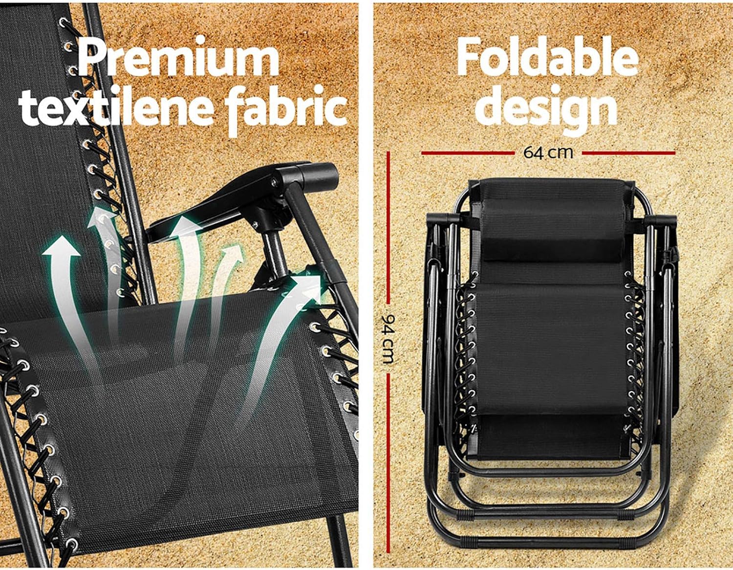 Gardeon Zero Gravity Portable Reclining Lounge Folding Outdoor Camping Beach Chair Black