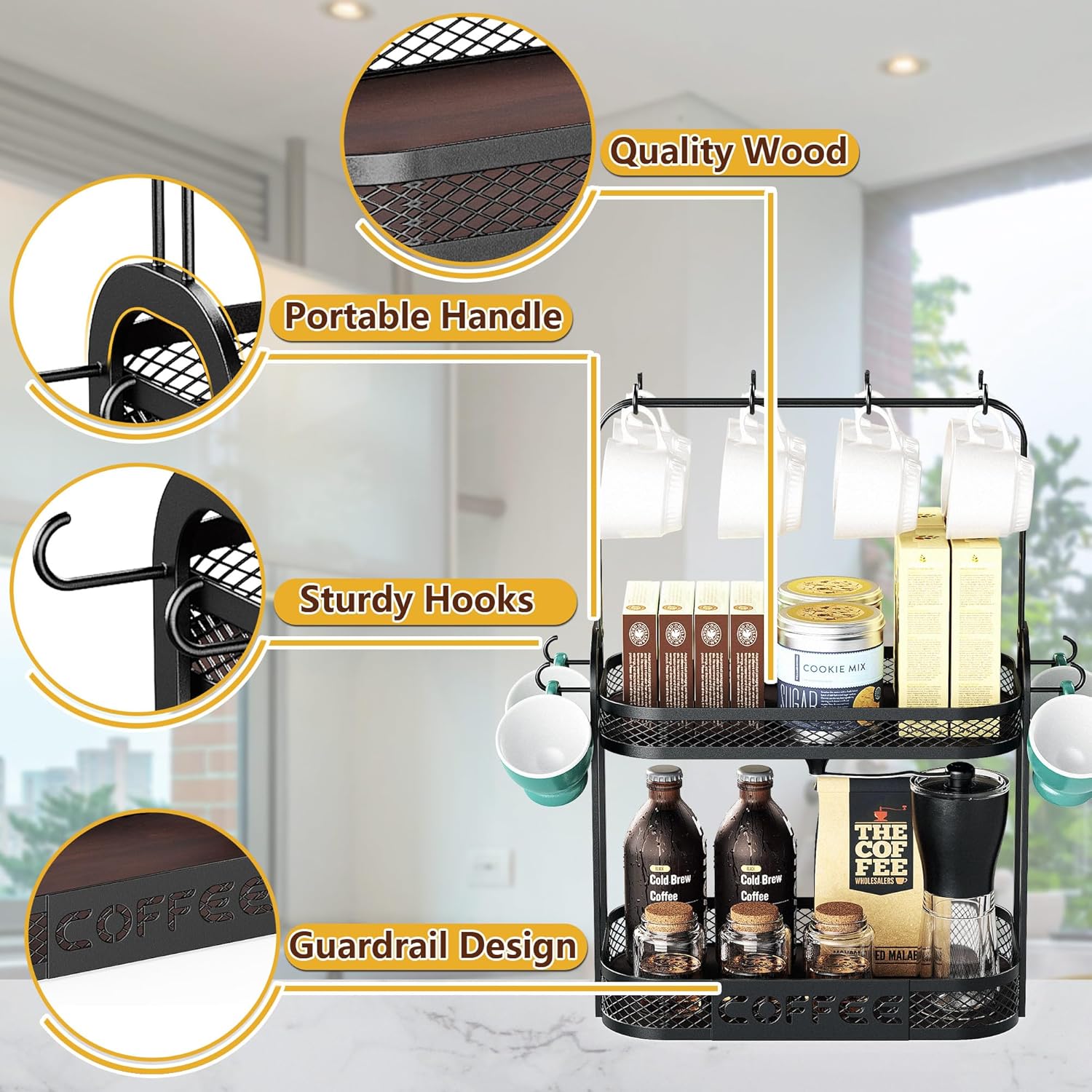 BEGULF 2-Tier Coffee Cup Holder for Countertop, Mug Holder with 12 Hooks, Vintage Mug Rack with Shelf, Coffee Bar Accessories Organizer, Suitable for Home, Office (Large)