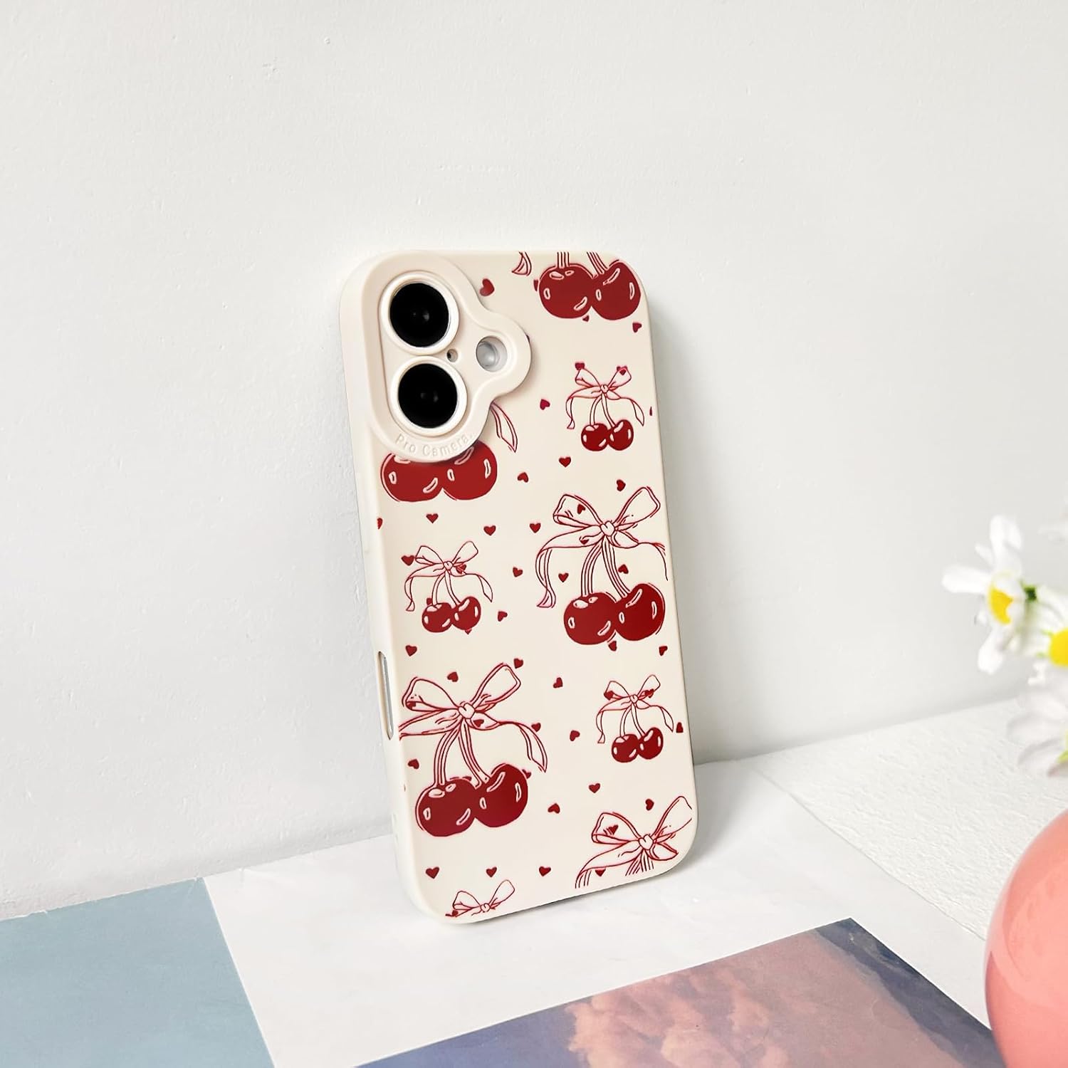 NITITOP Compatible with iPhone 12 Case Cute Cherry Bowknot Little Heart Pattern for Girls Women Soft TPU Durable Full Camera Lens Shockproof Protective Cover - White