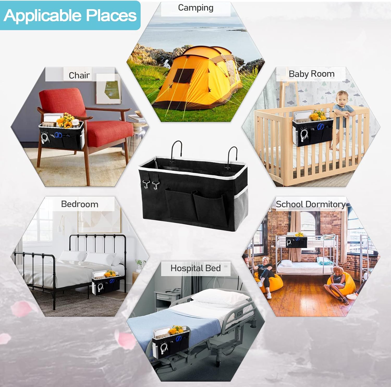 Loghot Bedside Caddy/Bedside Storage Bag Hanging Organizer for Bunk and Hospital Beds,Dorm Rooms Bed Rails,Can be Placed Glasses,Books,Mobile Phones,Keys (Light Pink)