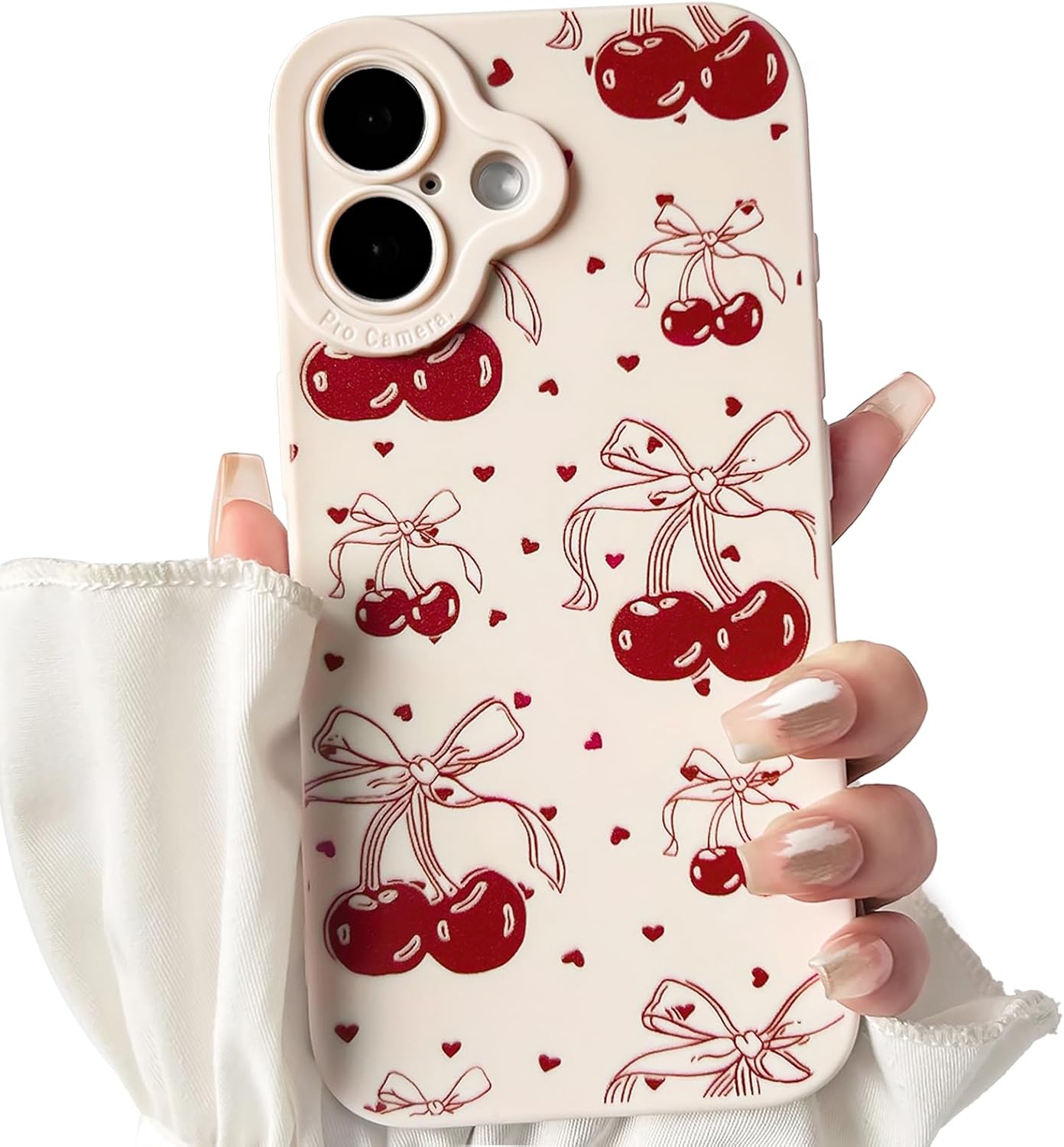 NITITOP Compatible with iPhone 12 Case Cute Cherry Bowknot Little Heart Pattern for Girls Women Soft TPU Durable Full Camera Lens Shockproof Protective Cover - White