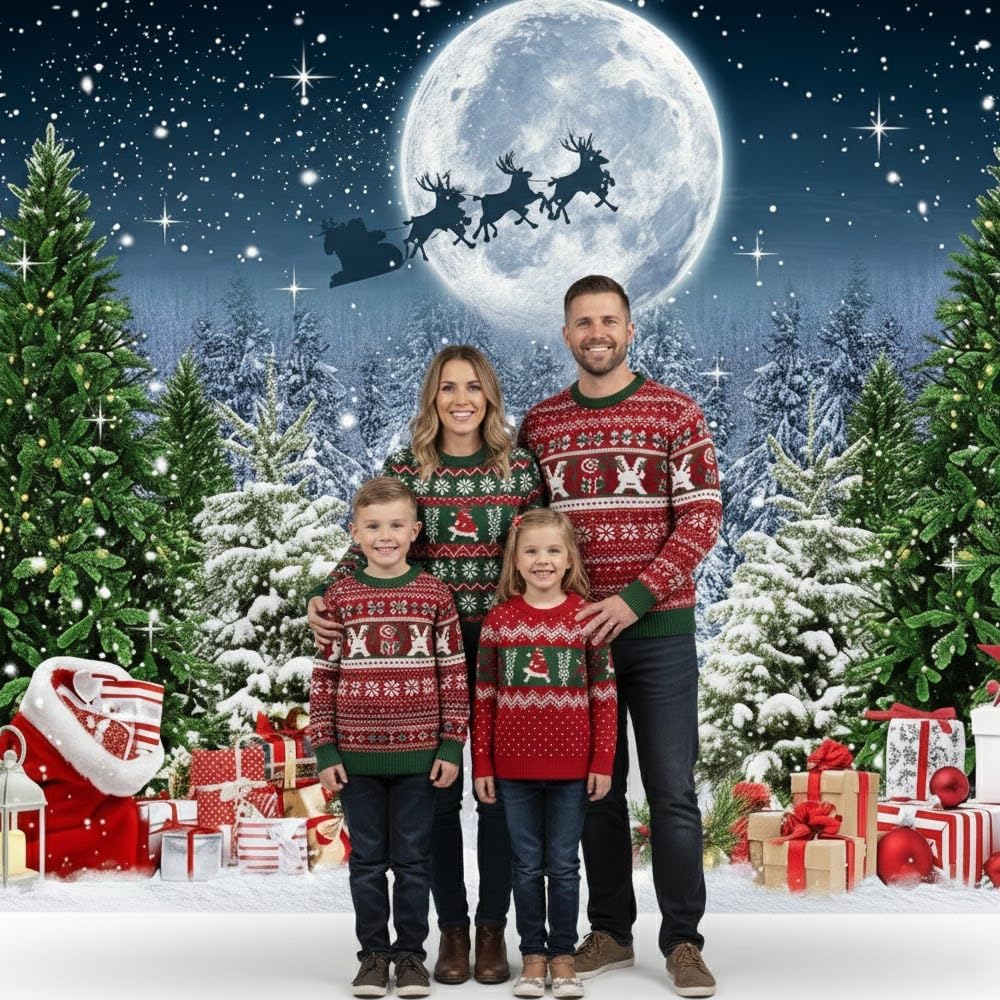 7x5ft Fabric Christmas Backdrop for Photography,Winter Night Snow Background Xmas Tree Forest Snowfall Starry Sky Moon Santa Photo Banner Props