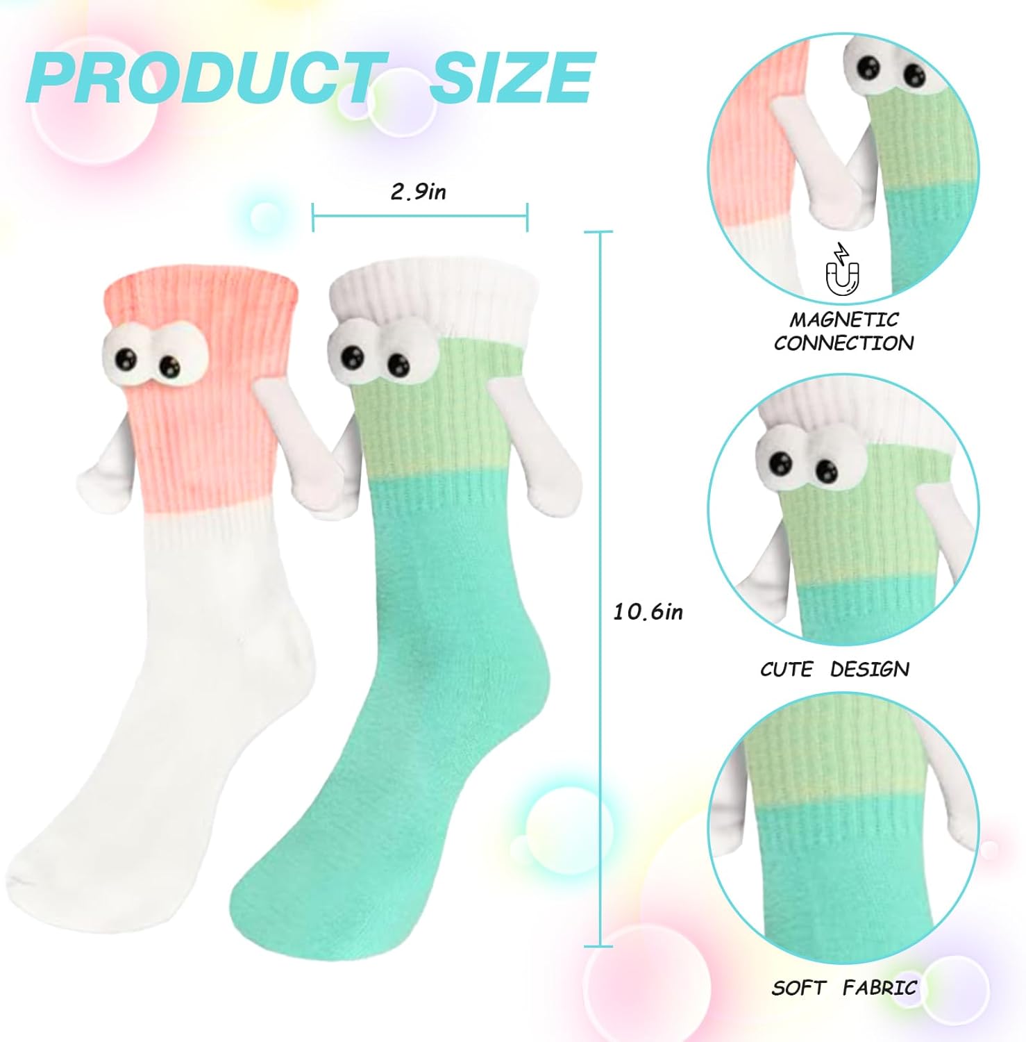 Zurligi 2 Pairs Holding Hands Socks, Funny Magnetic Hand Holding Cute Socks for Men Women, 3D Doll Couple Novelty Birthday for Lovers, Boyfriend, Family