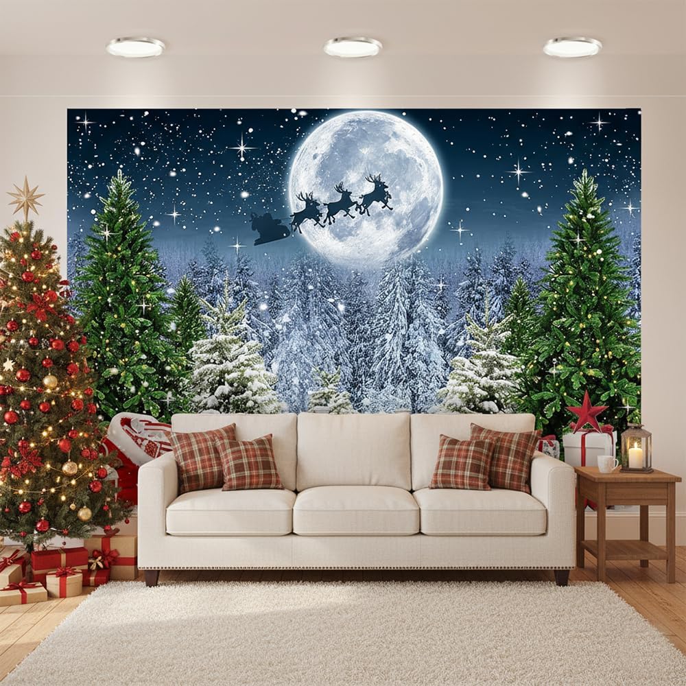 7x5ft Fabric Christmas Backdrop for Photography,Winter Night Snow Background Xmas Tree Forest Snowfall Starry Sky Moon Santa Photo Banner Props