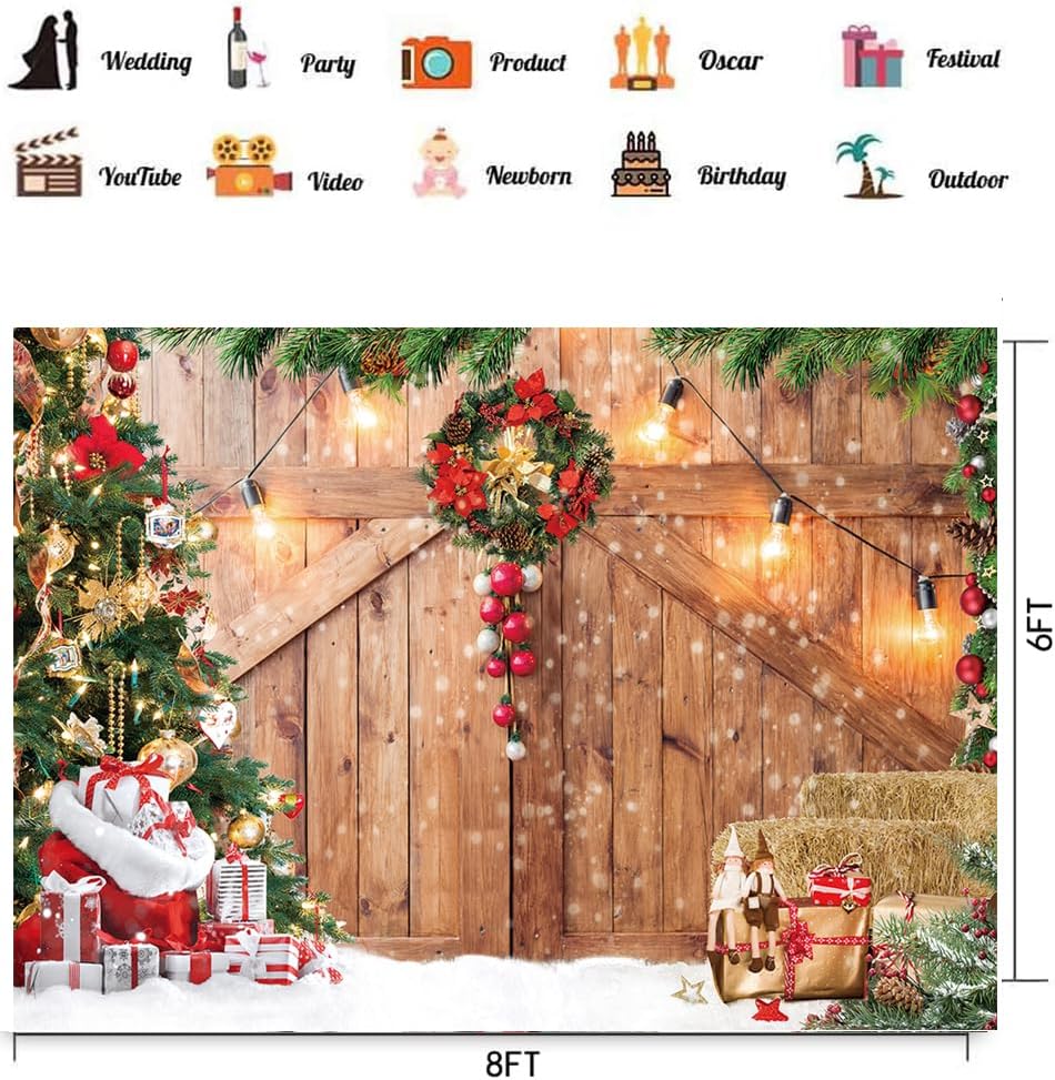 CHAIYA 7x5ft Christmas Backdrop Barn Wood Door Photography Backdrop Xmas Tree Snow Background Winter Xmas Party Supplies Christmas Family Kids Party Banner