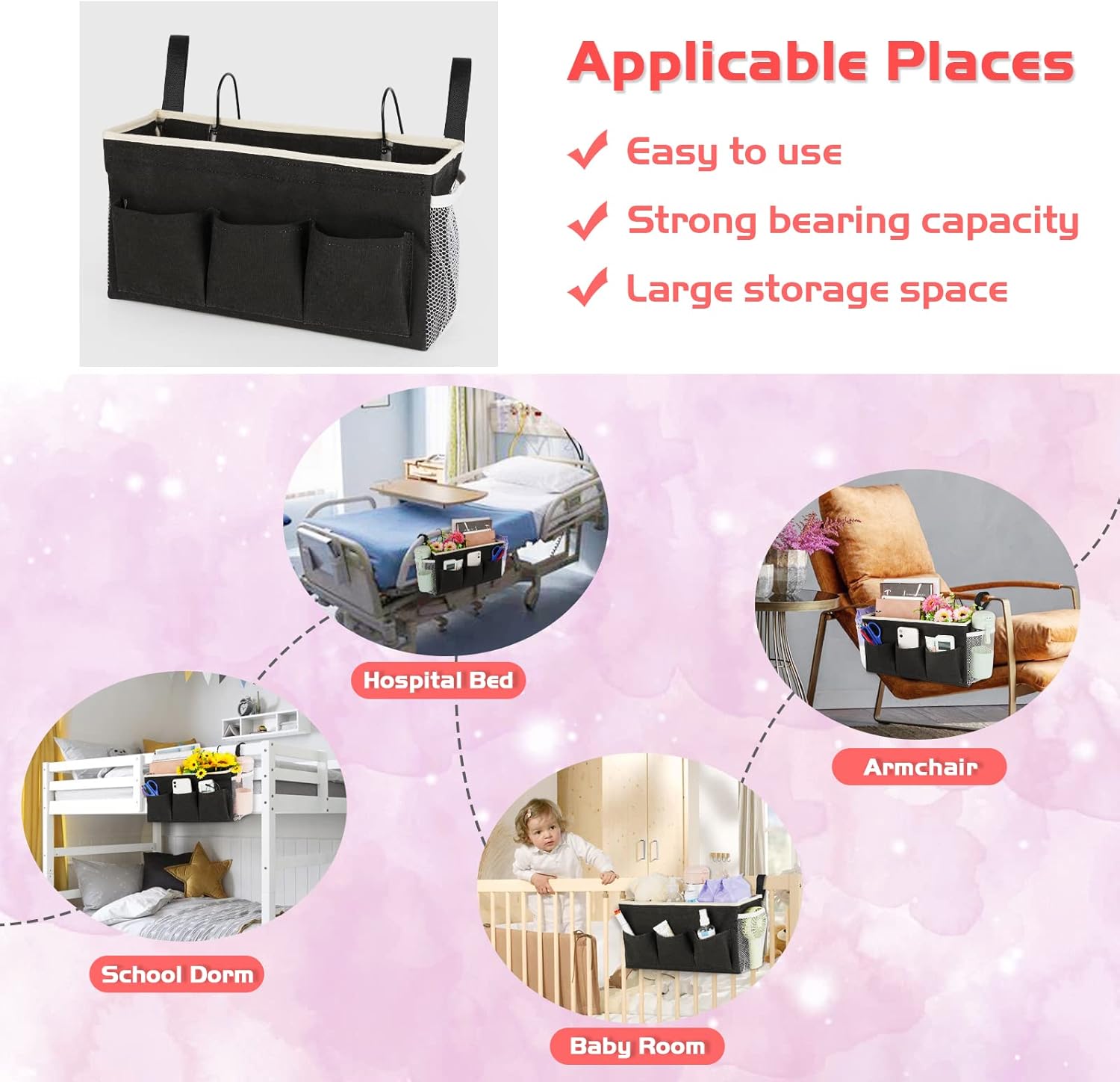 Loghot Bedside Caddy/Bedside Storage Bag Hanging Organizer for Bunk and Hospital Beds,Dorm Rooms Bed Rails,Can be Placed Glasses,Books,Mobile Phones,Keys (Light Pink)