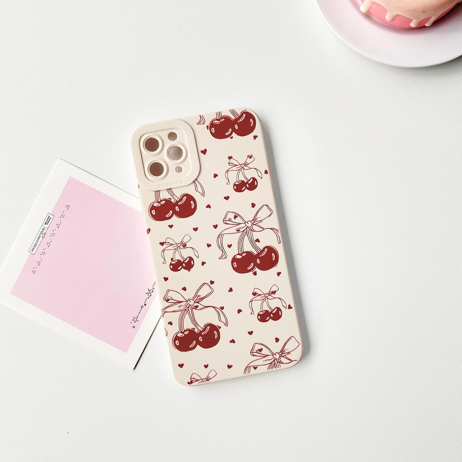 NITITOP Compatible with iPhone 12 Case Cute Cherry Bowknot Little Heart Pattern for Girls Women Soft TPU Durable Full Camera Lens Shockproof Protective Cover - White