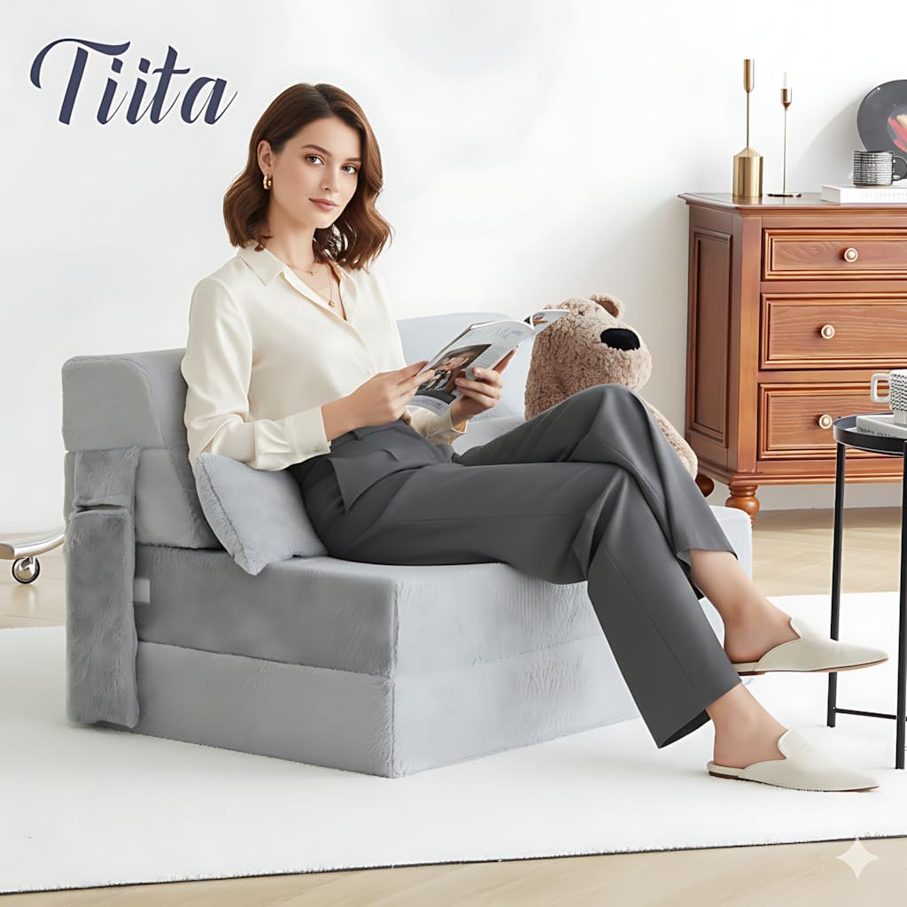 Tiita Folding Sofa Bed with Pillow 200x70x12cm Mattress&Plush Fabric Foldable Sofa Lounge Mat Pad,Floor Lounger Chair Bed for Living Room,Guest Room,Dorm,Apartment,Camping and Travel Use