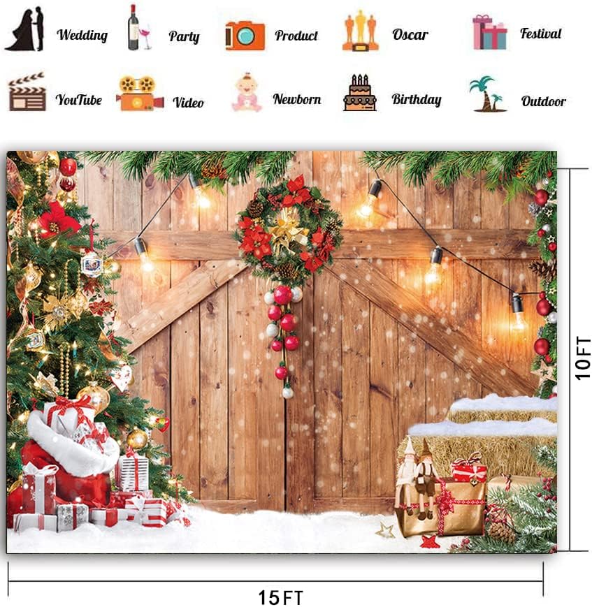 CHAIYA 7x5ft Christmas Backdrop Barn Wood Door Photography Backdrop Xmas Tree Snow Background Winter Xmas Party Supplies Christmas Family Kids Party Banner